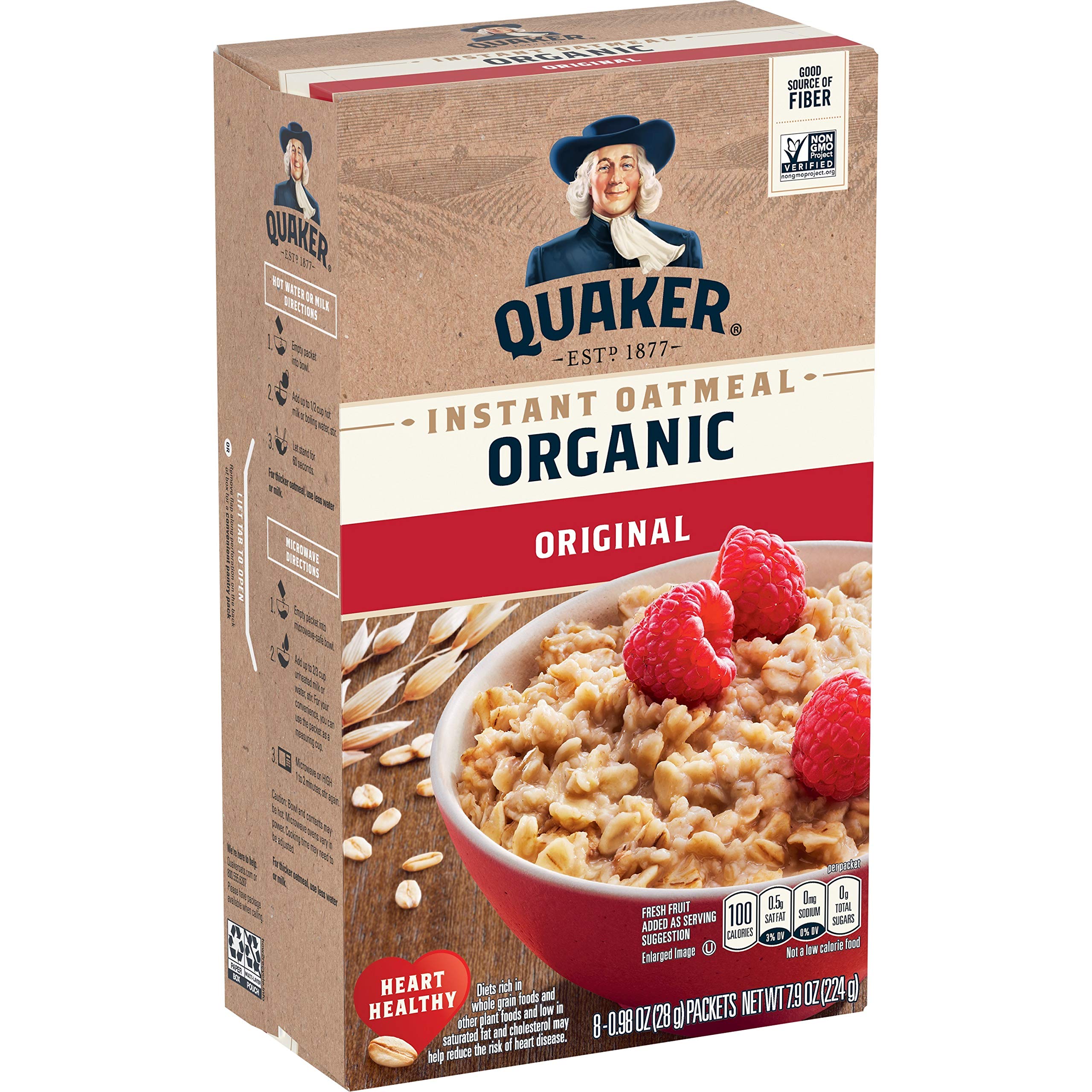 Quaker Organic Regular Oatmeal packet close-up for a fiber-rich breakfast