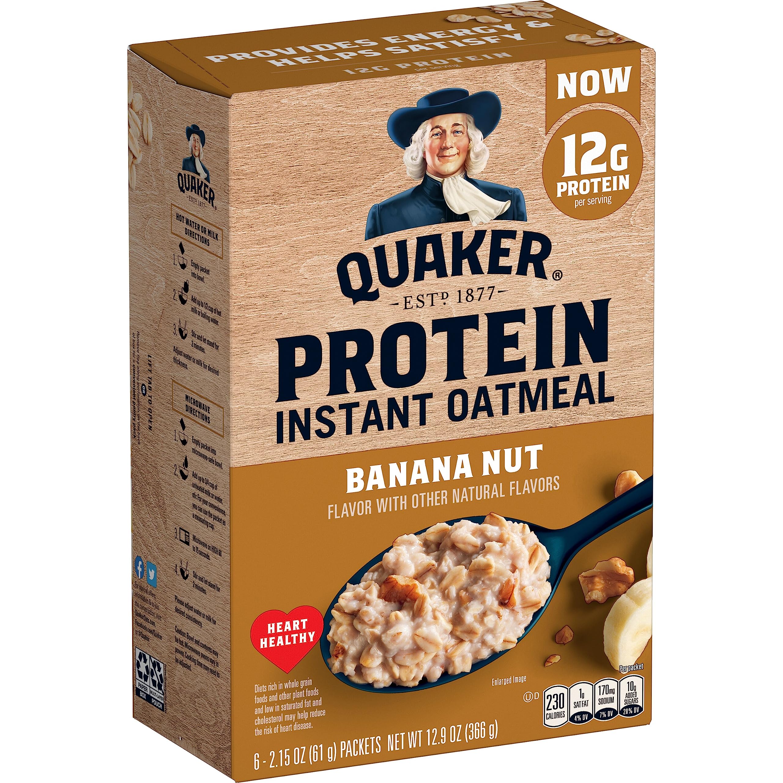 Quaker Protein Banana Nut instant oatmeal pack provides quick, convenient breakfasts.