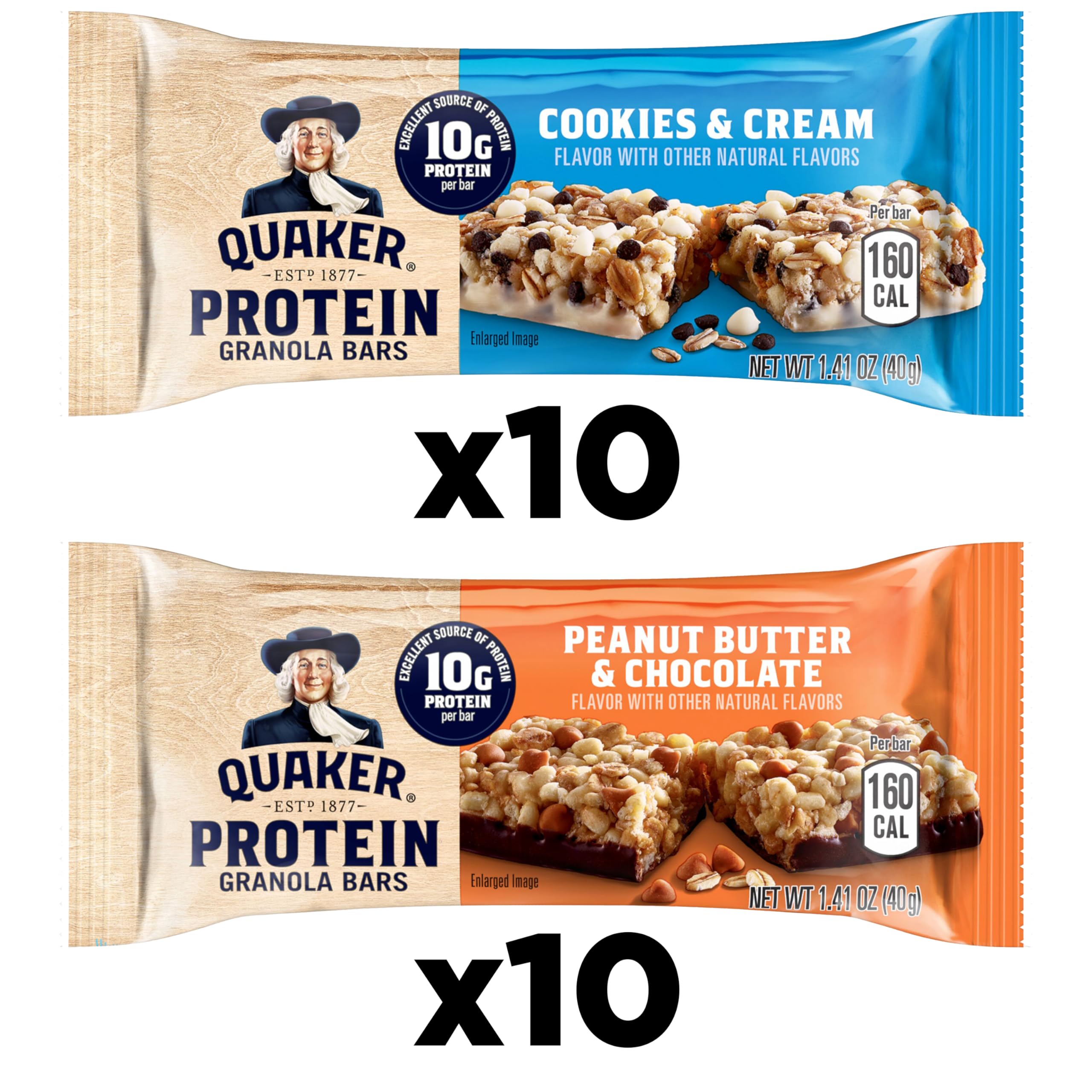 Quaker cookies-and-cream bar image highlighting flavor variety.