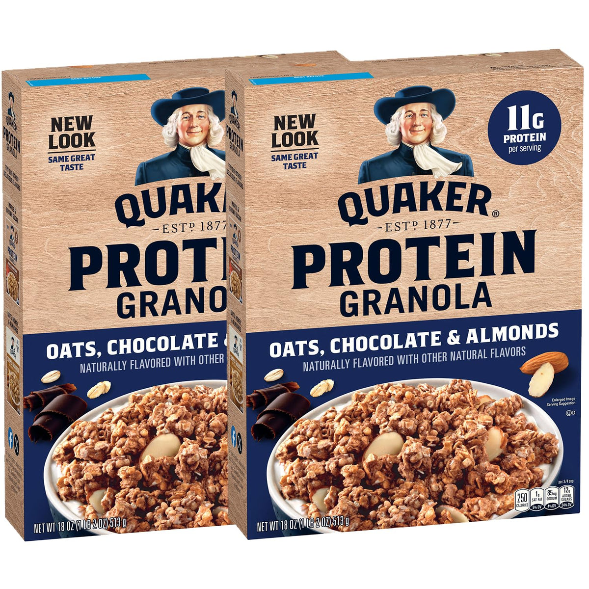 Quaker Protein Granola chocolate almond boxes ready for breakfast