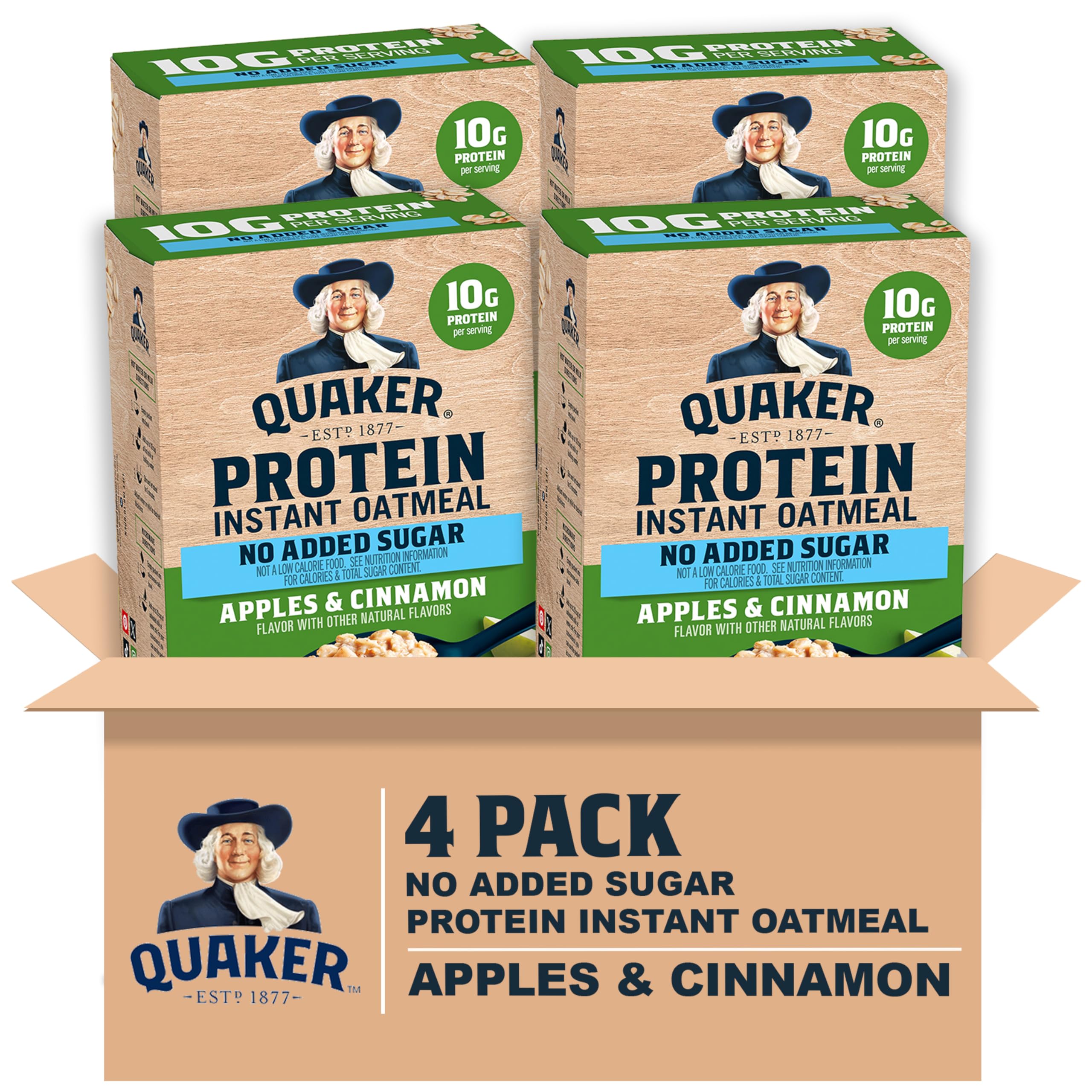 Quaker Protein Instant Oatmeal Apple Cinnamon packet for a quick protein breakfast.