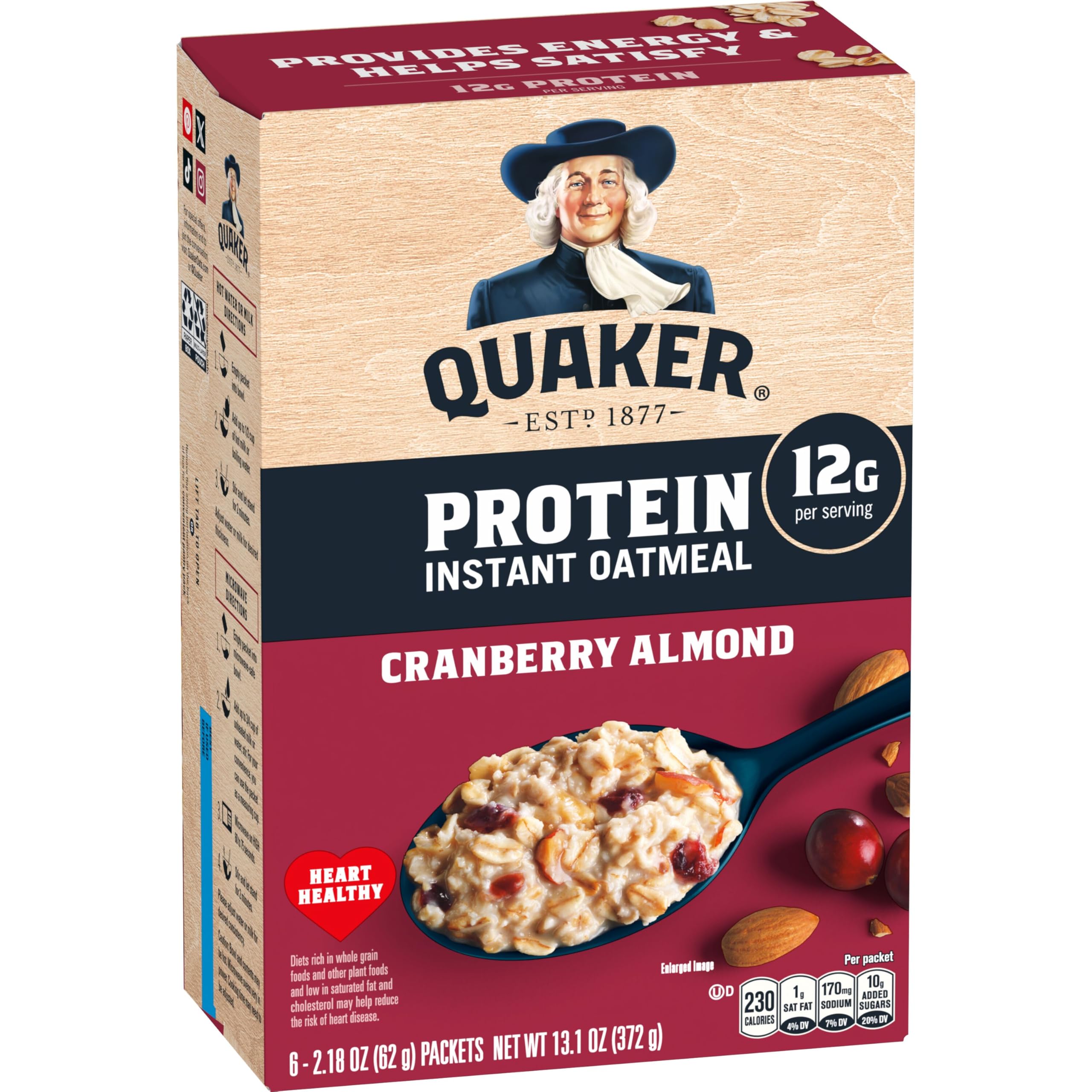 Quaker Protein Instant Oatmeal Cranberry Almond packet for quick on-the-go breakfast
