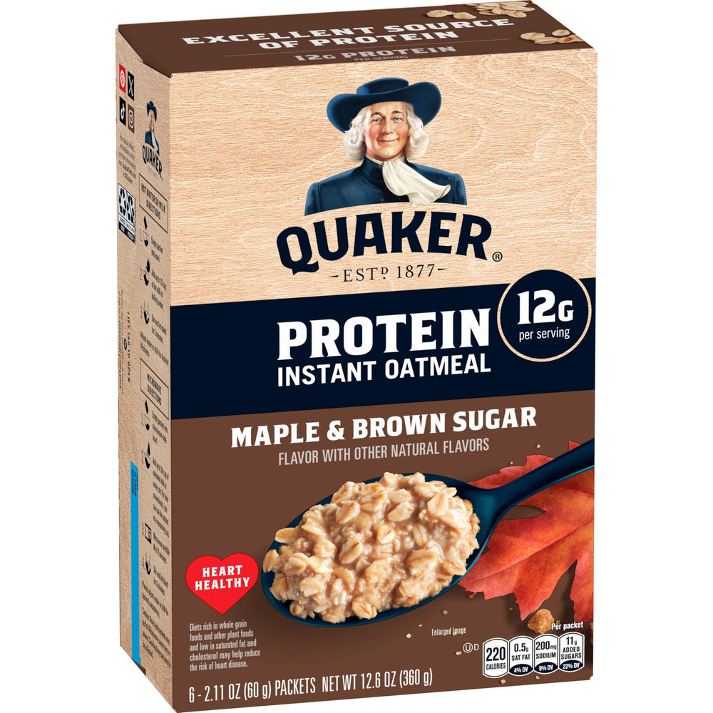 Quaker Protein Instant Oatmeal Maple Brown Sugar pack – convenient protein-packed breakfast option