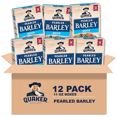 Quaker Quick Barley pack shot showing a 12-pack, pantry staple for soups.