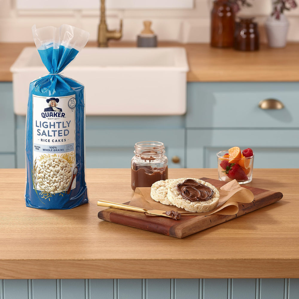 Quaker Rice Cakes crisp texture showcased with toppings like peanut butter.