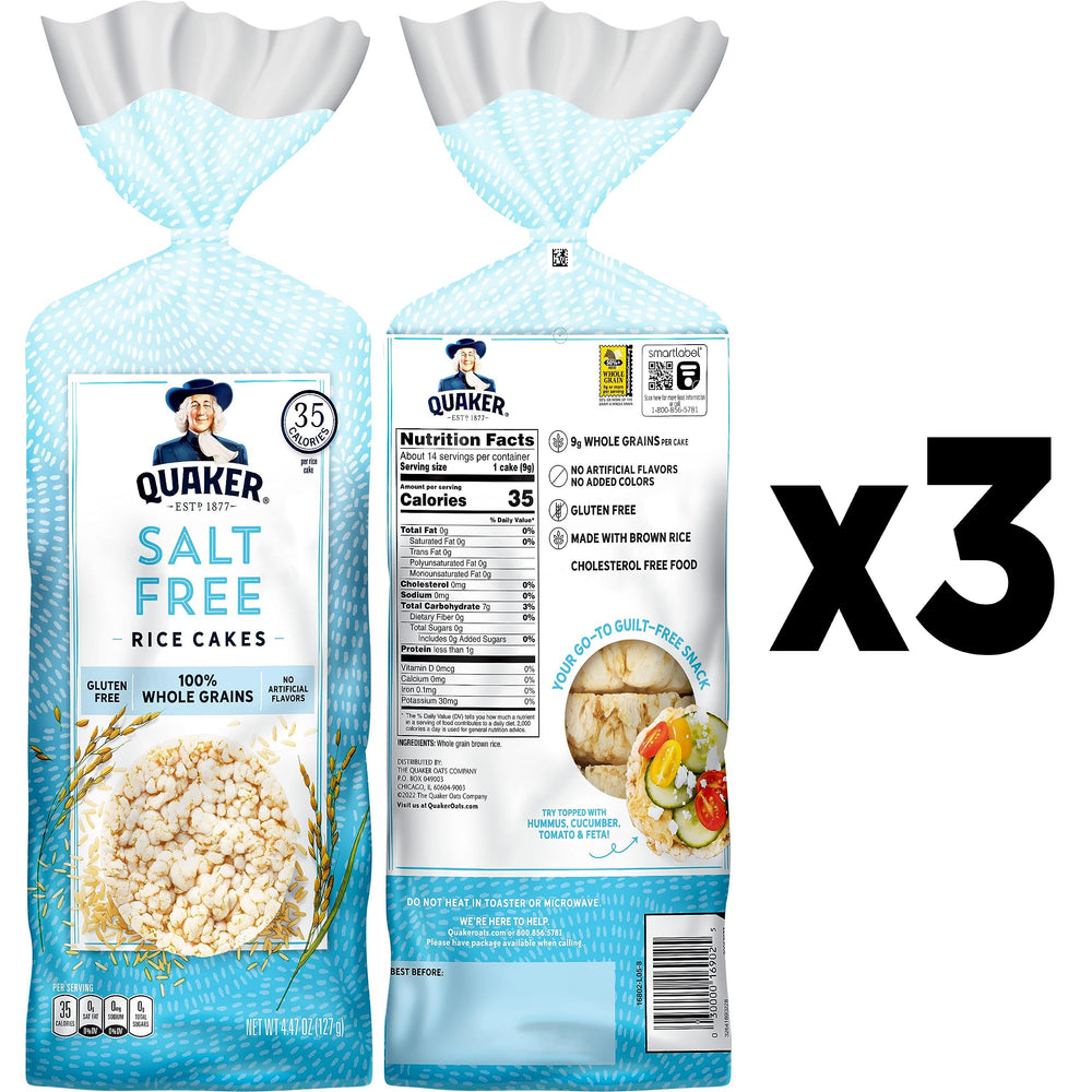 Quaker gluten free rice cakes label closeup, salt free recipe noted.