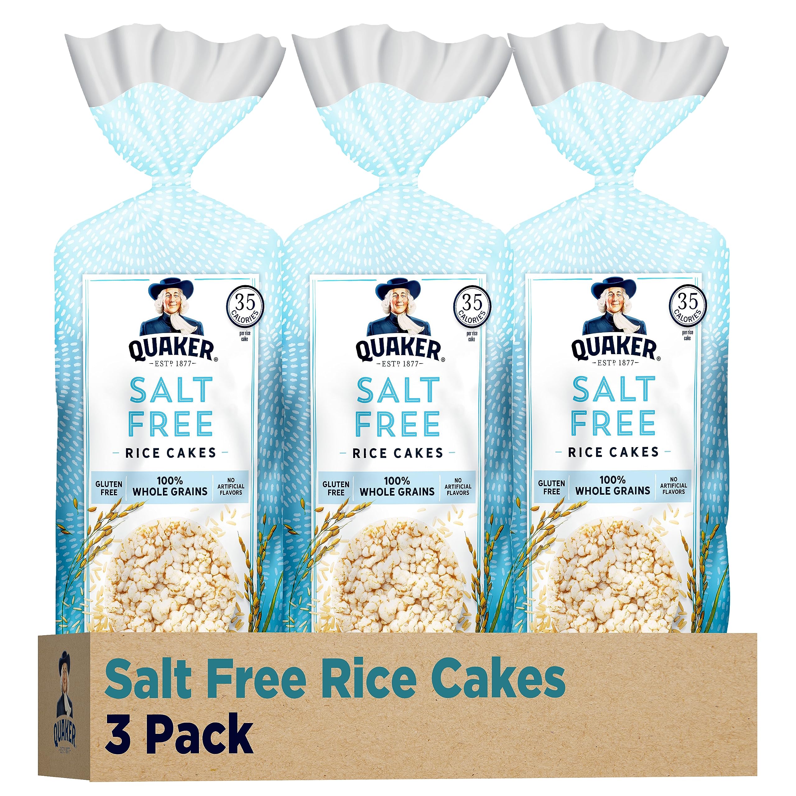 Quaker rice cakes salt free pack front view, convenient gluten free snack.