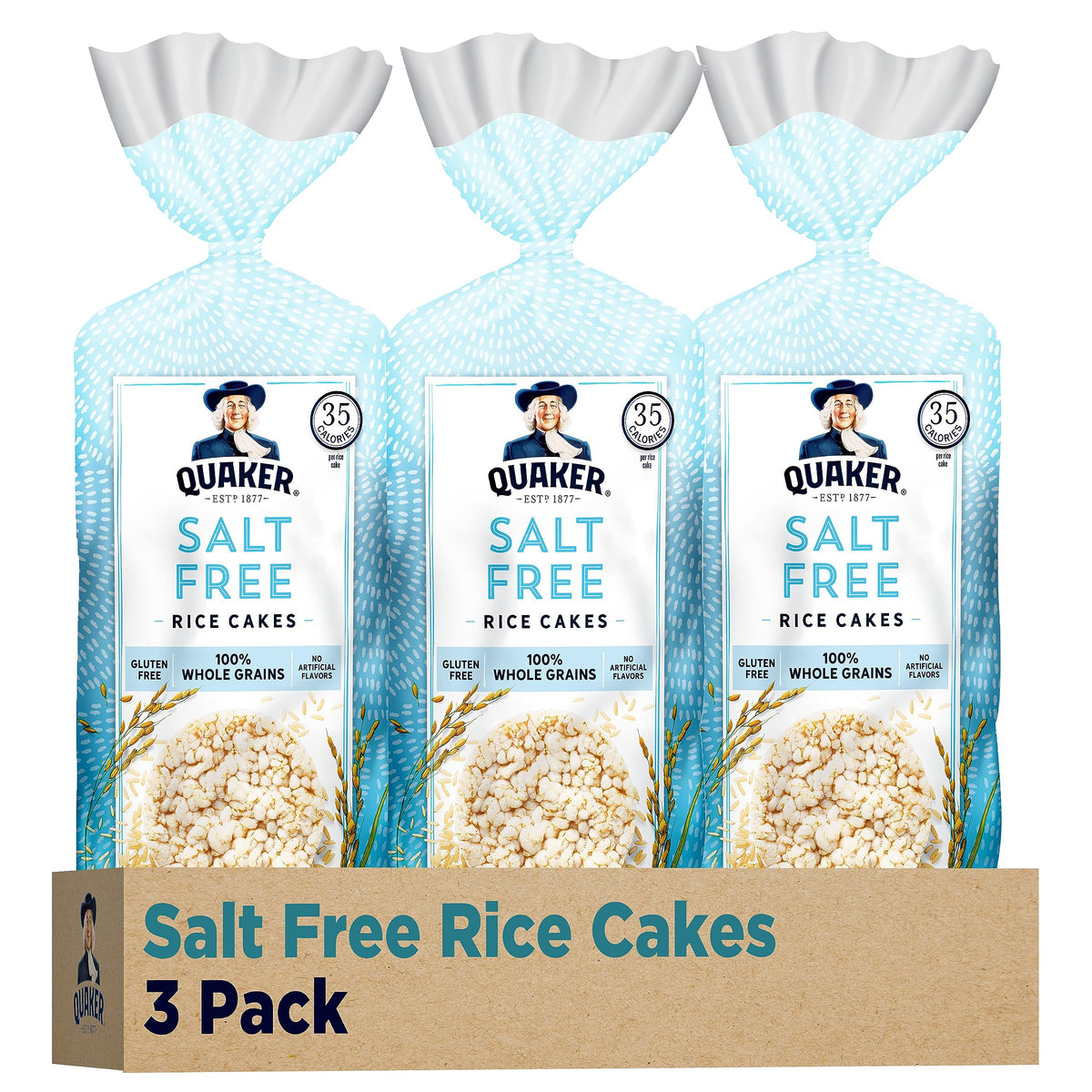 Quaker rice cakes salt free pack front view, convenient gluten free snack.