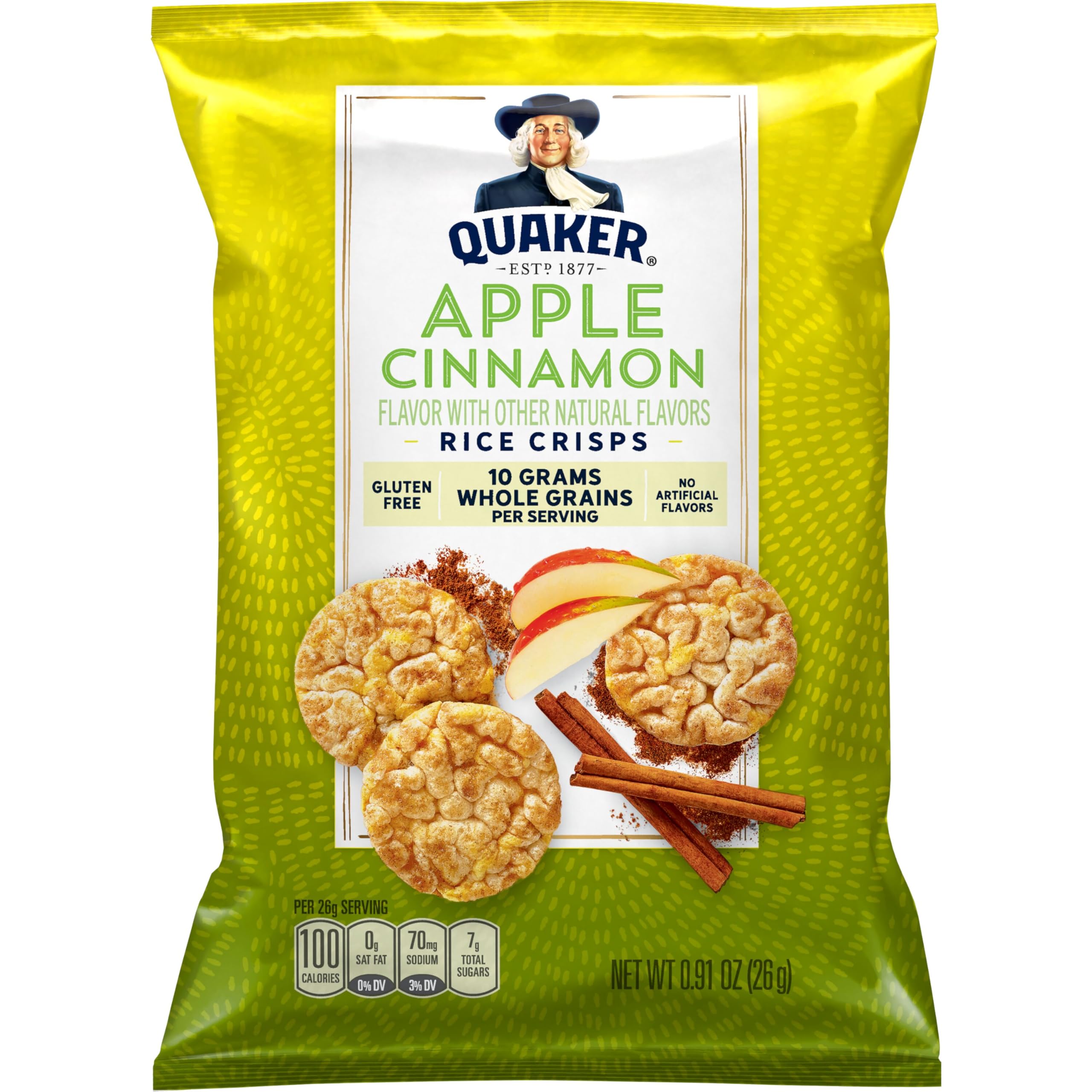 Quaker Rice Crisps apple cinnamon flavor with fruit-inspired appeal.