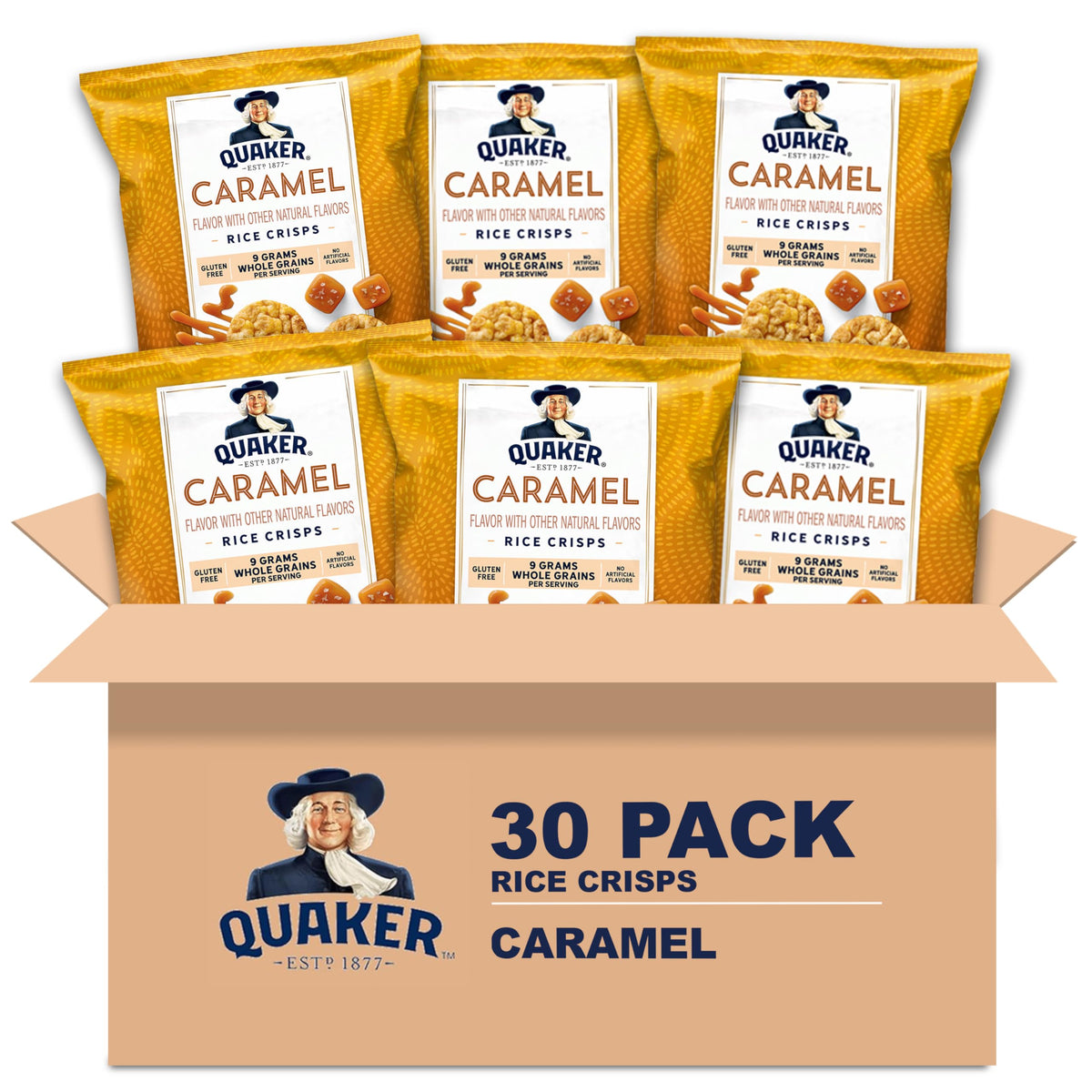 Quaker Rice Crisps Caramel box front view, gluten-free breakfast option for busy mornings.