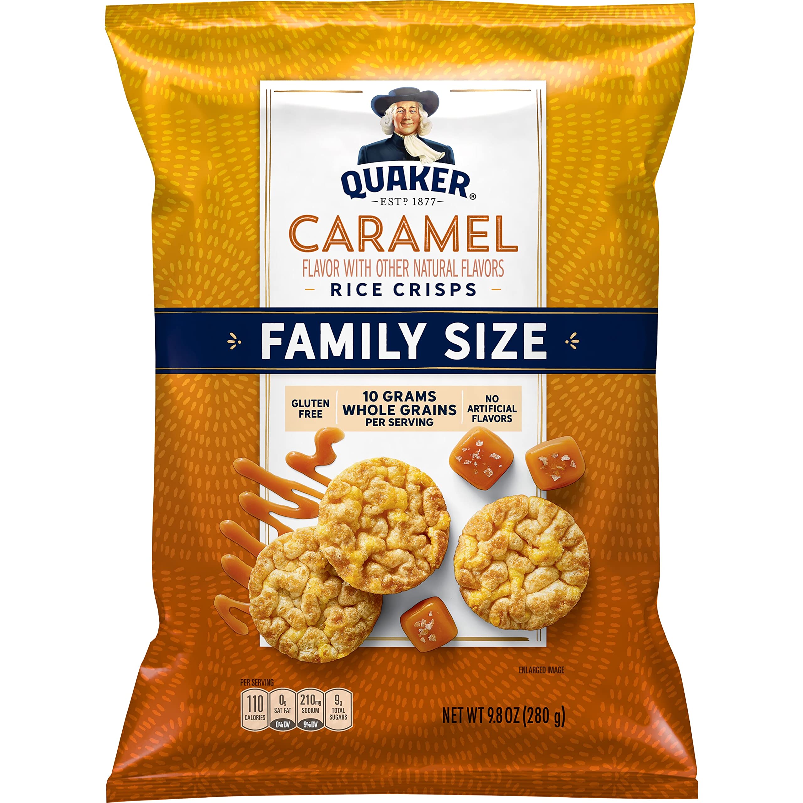 Quaker Rice Crisps Caramel bag showing caramel flavor and gluten-free, low-fat snacking