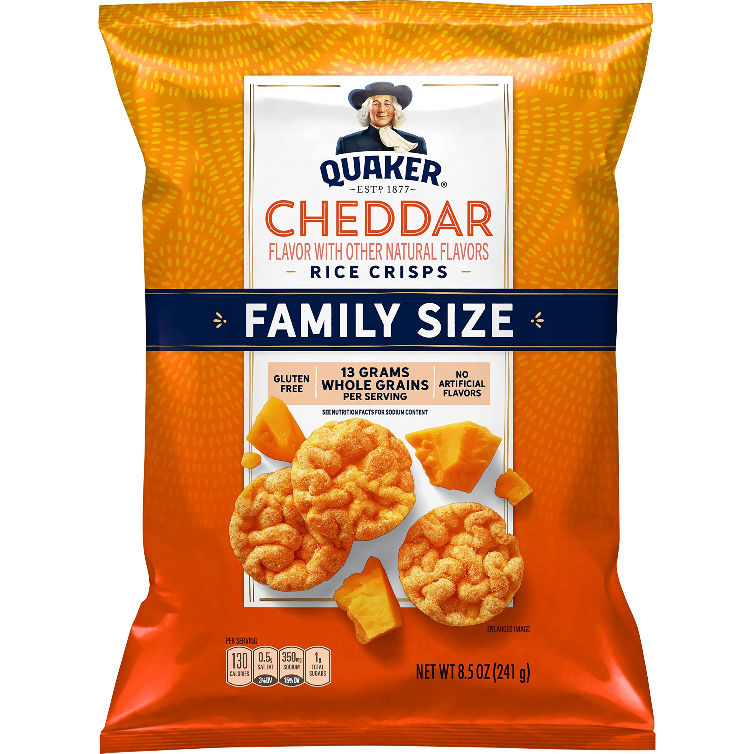 Quaker Rice Crisps Cheddar family-size bag with savory crunch