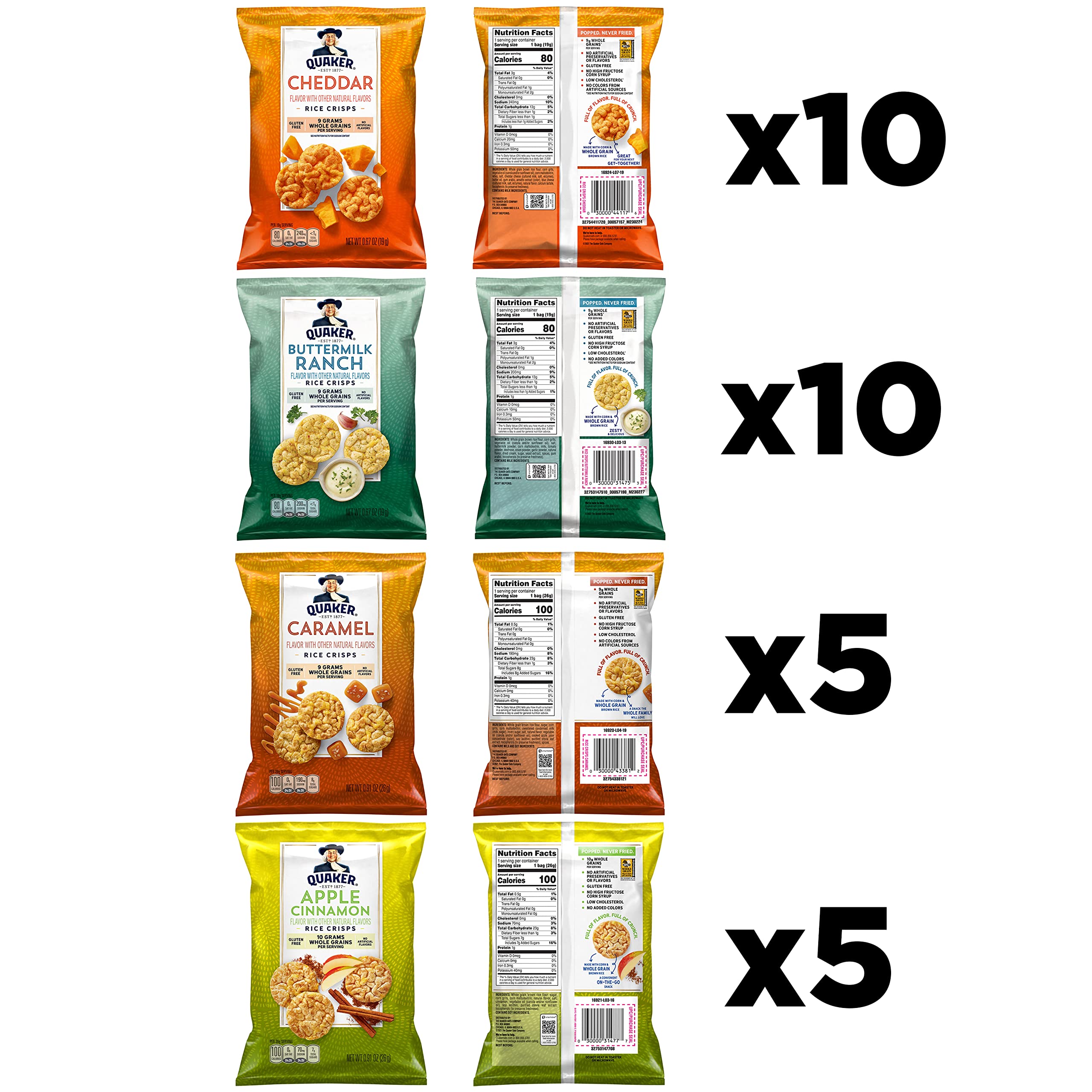 Quaker Rice Crisps cheddar flavor, ideal with dips or toppings.