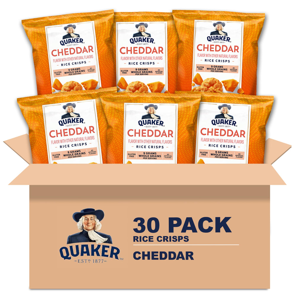 Quaker Rice Crisps Cheddar pack front, gluten-free snack for busy mornings.