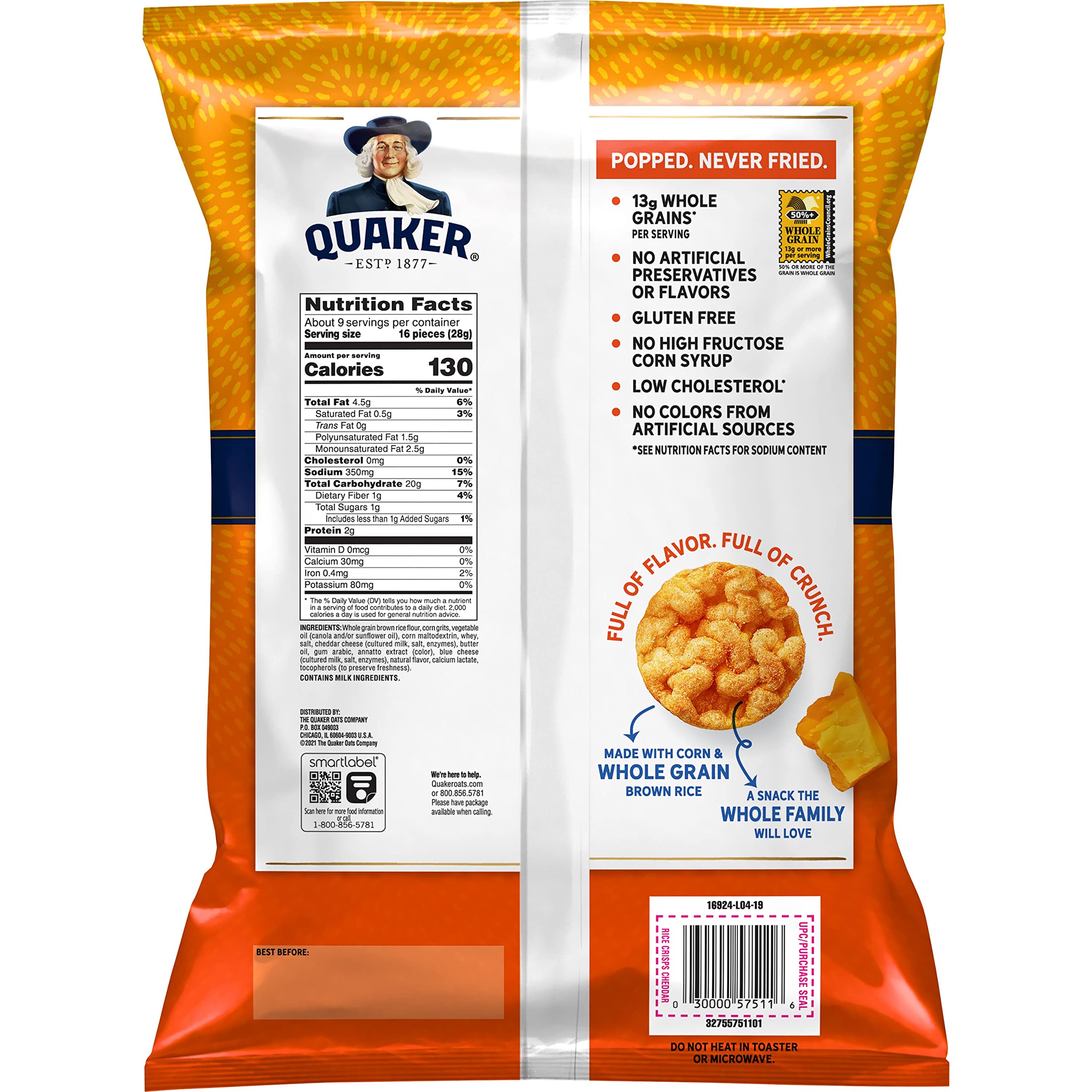 Packaging image of Quaker Rice Crisps Cheddar highlighting gluten-free claim