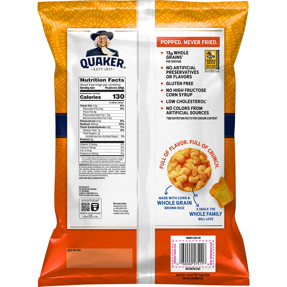 Packaging image of Quaker Rice Crisps Cheddar highlighting gluten-free claim