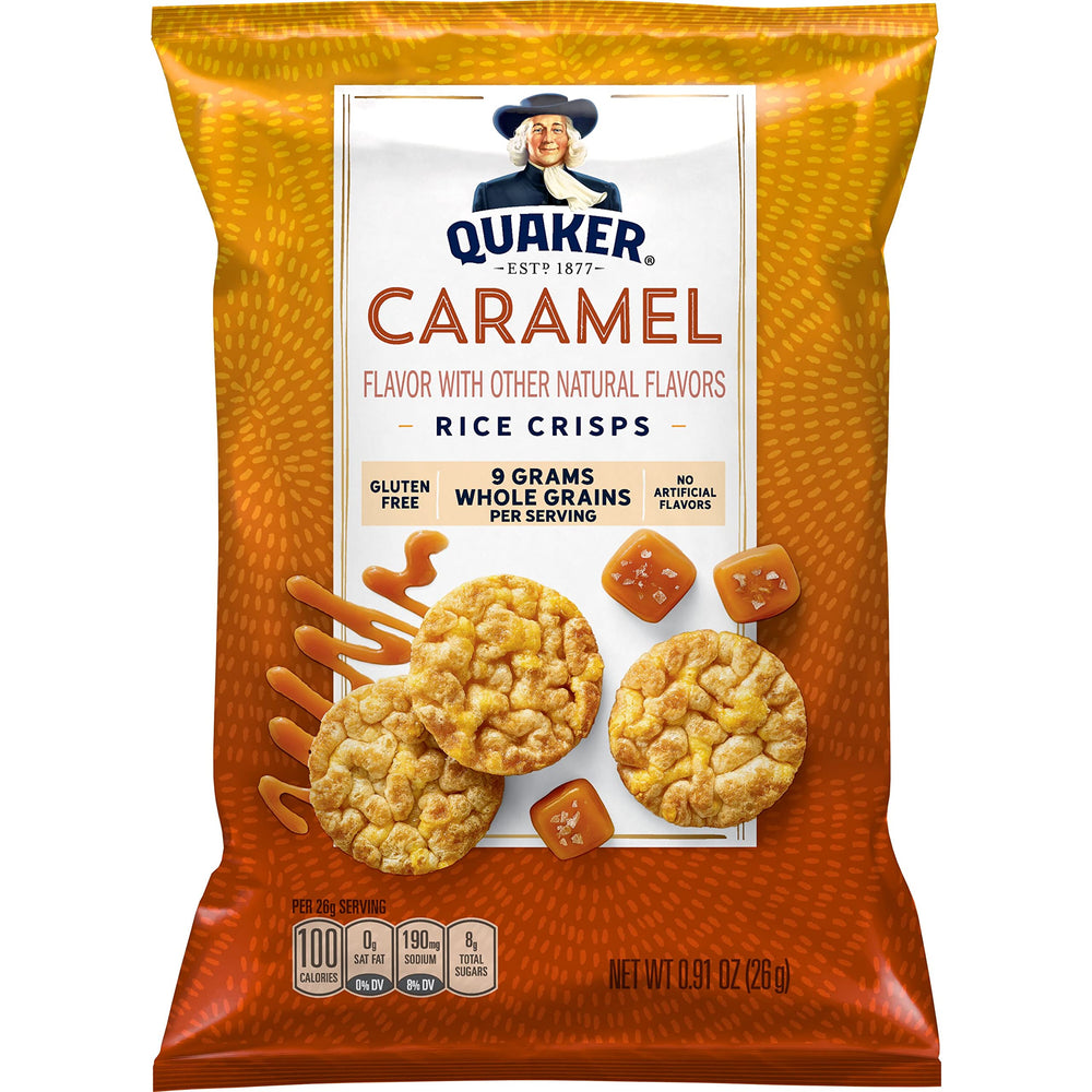 Quaker Rice Crisps on pantry shelf, convenient anytime craving satisfaction.