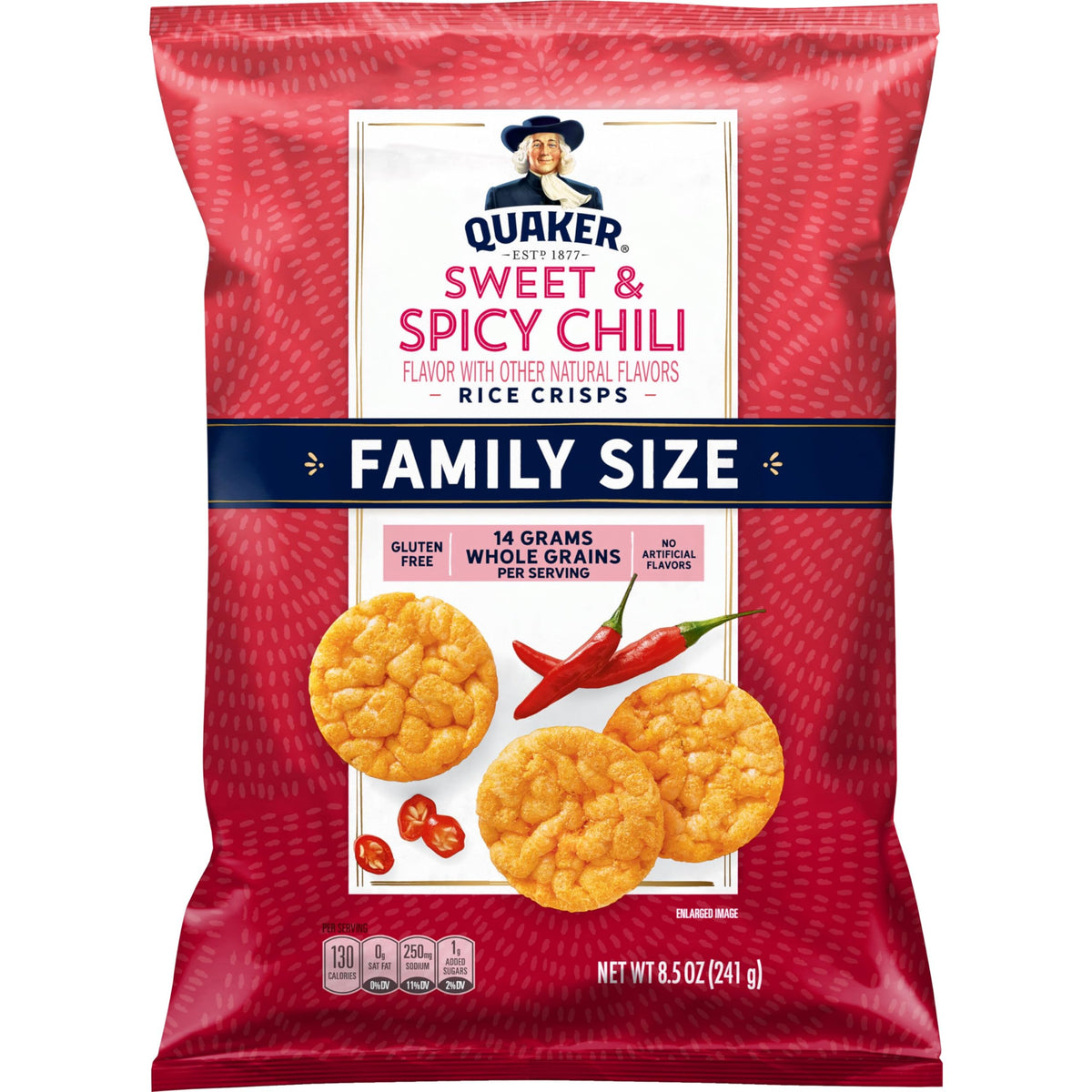 Quaker Rice Crisps Sweet & Spicy Chili bag on a breakfast table, gluten-free crunch for mornings.