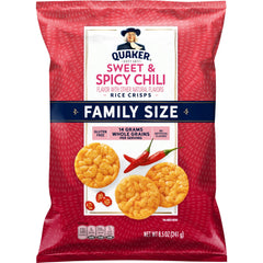 Quaker Rice Crisps Sweet & Spicy Chili bag on a breakfast table, gluten-free crunch for mornings.