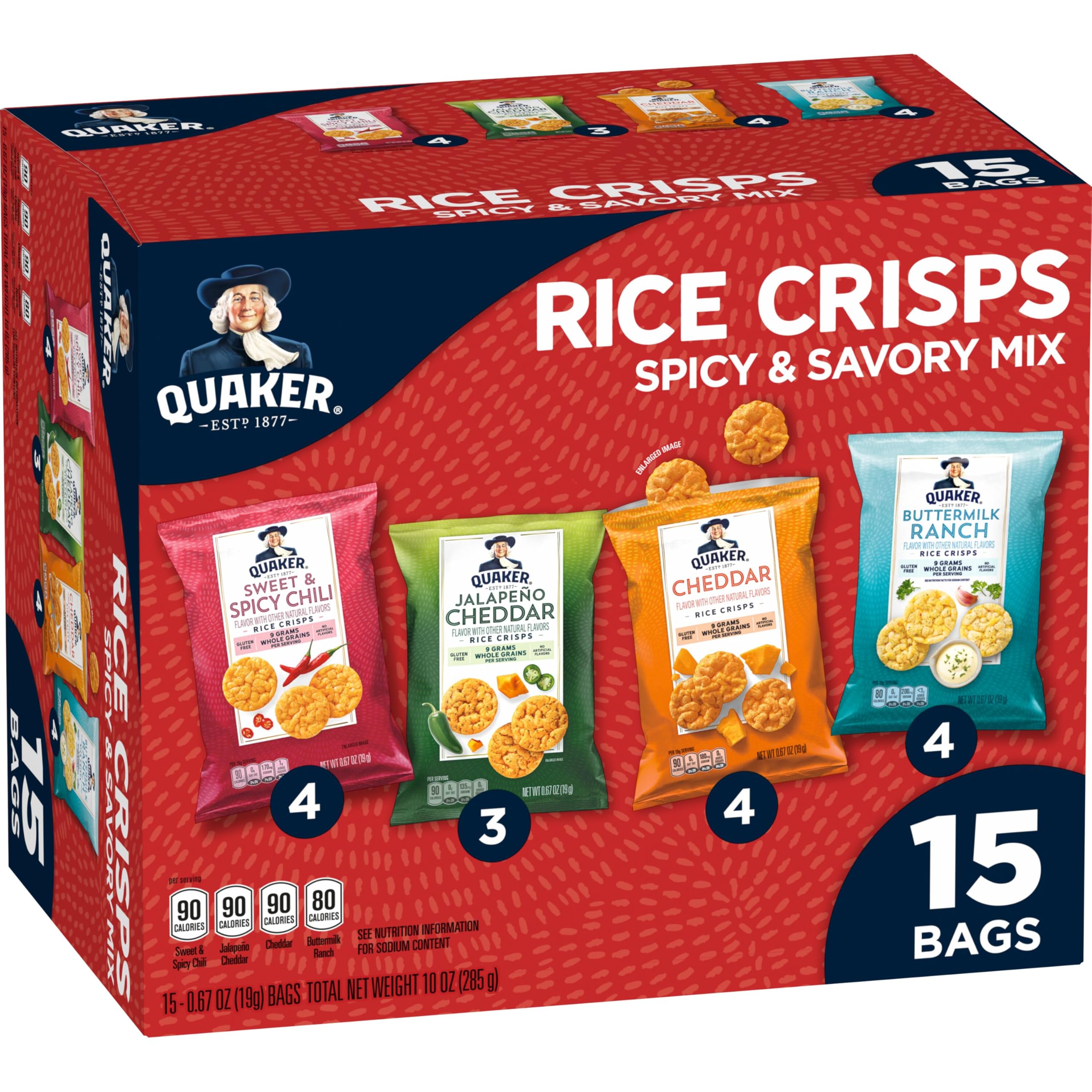 Quaker Rice Crisps variety pack front view with convenient single-serve bags for on-the-go
