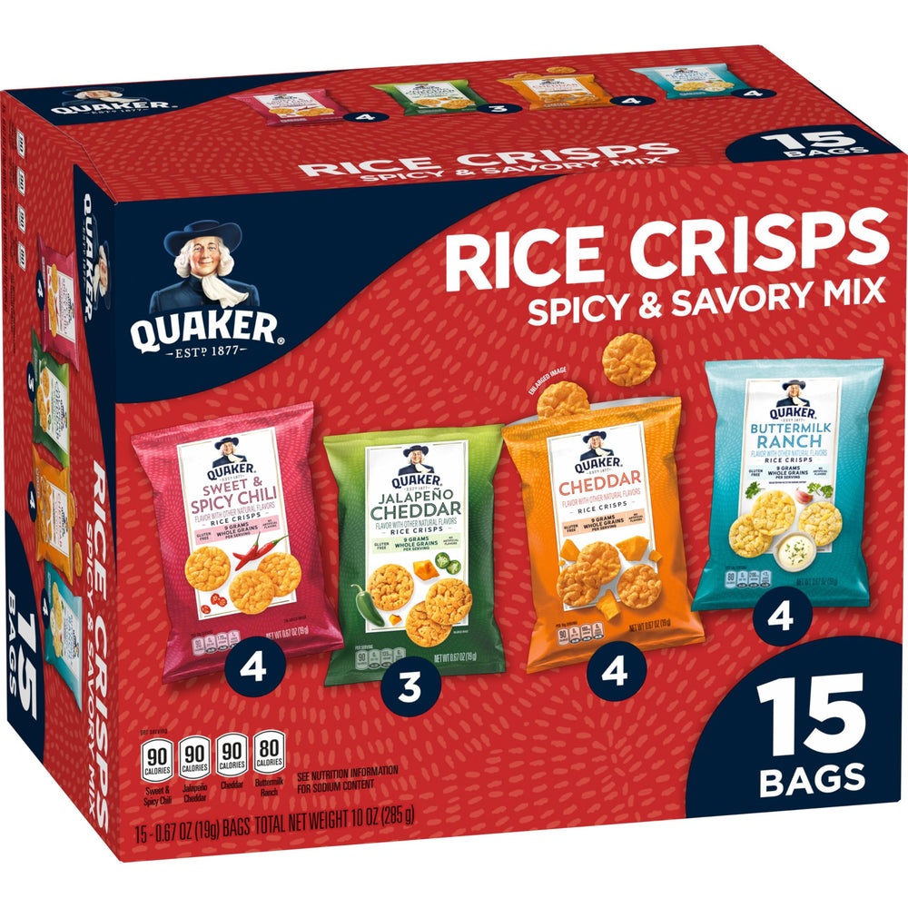 Quaker Rice Crisps variety pack front view with convenient single-serve bags for on-the-go