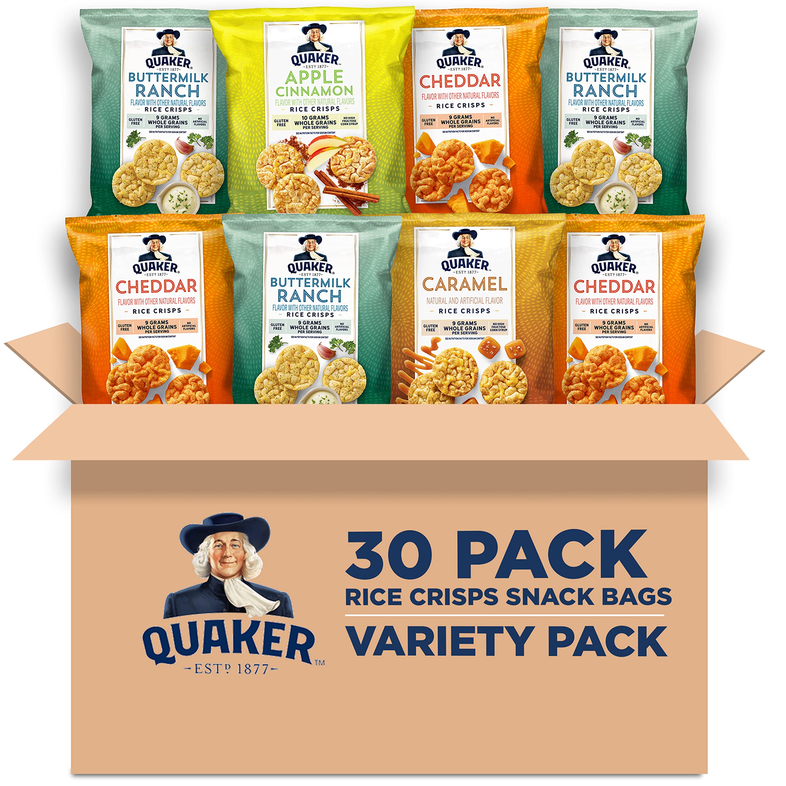 Quaker Rice Crisps variety pack hero for on-the-go snacking.
