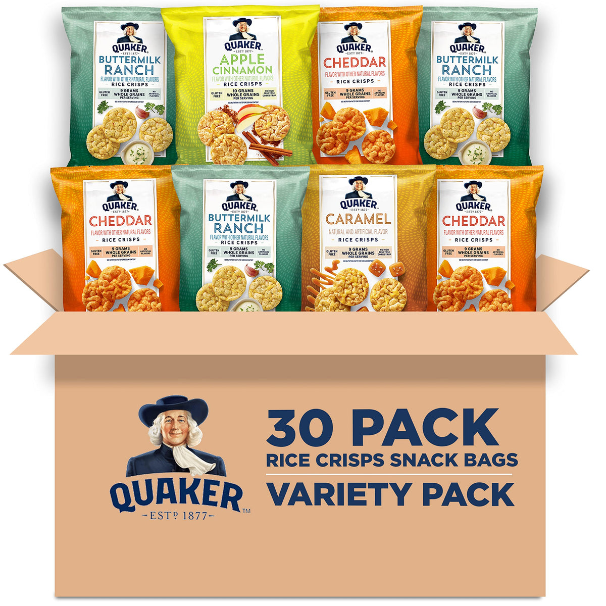Quaker Rice Crisps variety pack hero for on-the-go snacking.