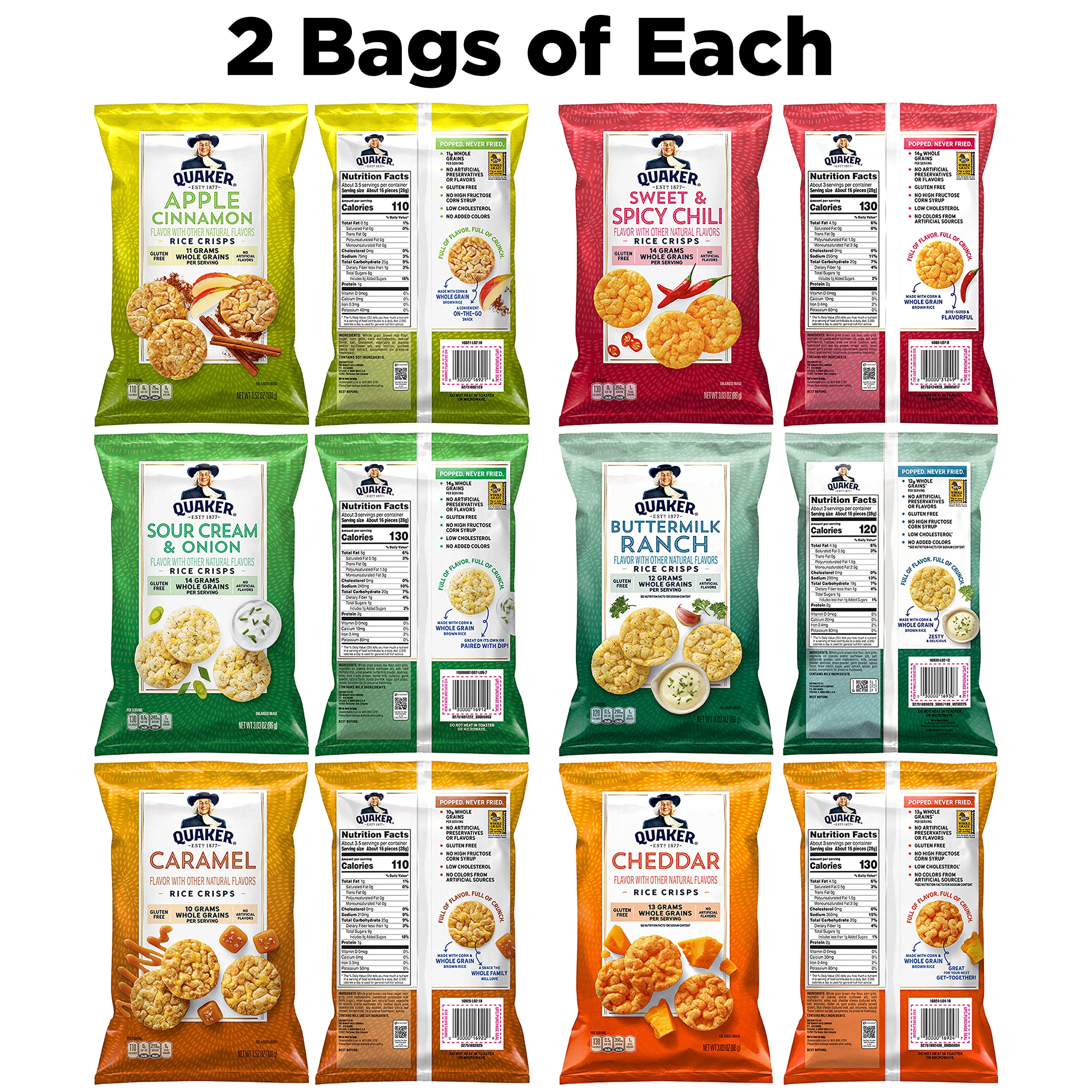 Quaker Rice Crisps sweet and spicy chili bag, bold flavor for crave-worthy snacking.