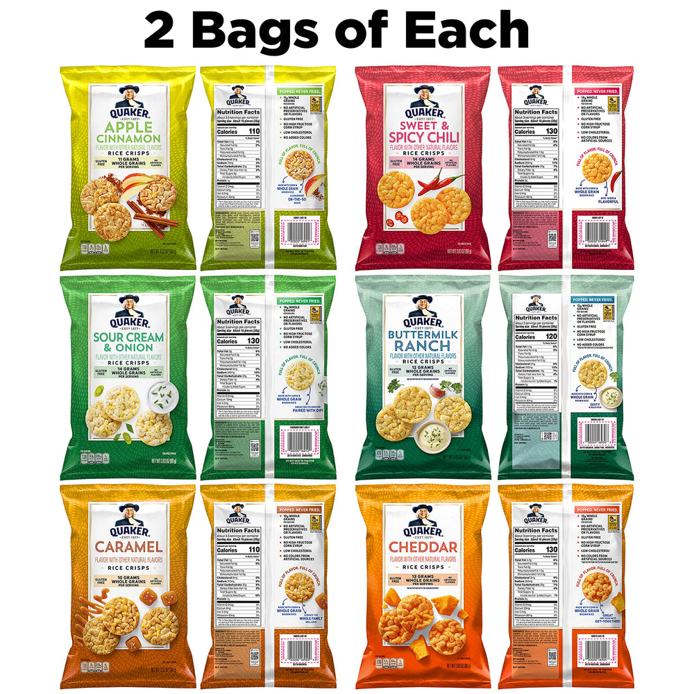 Quaker Rice Crisps sweet and spicy chili bag, bold flavor for crave-worthy snacking.