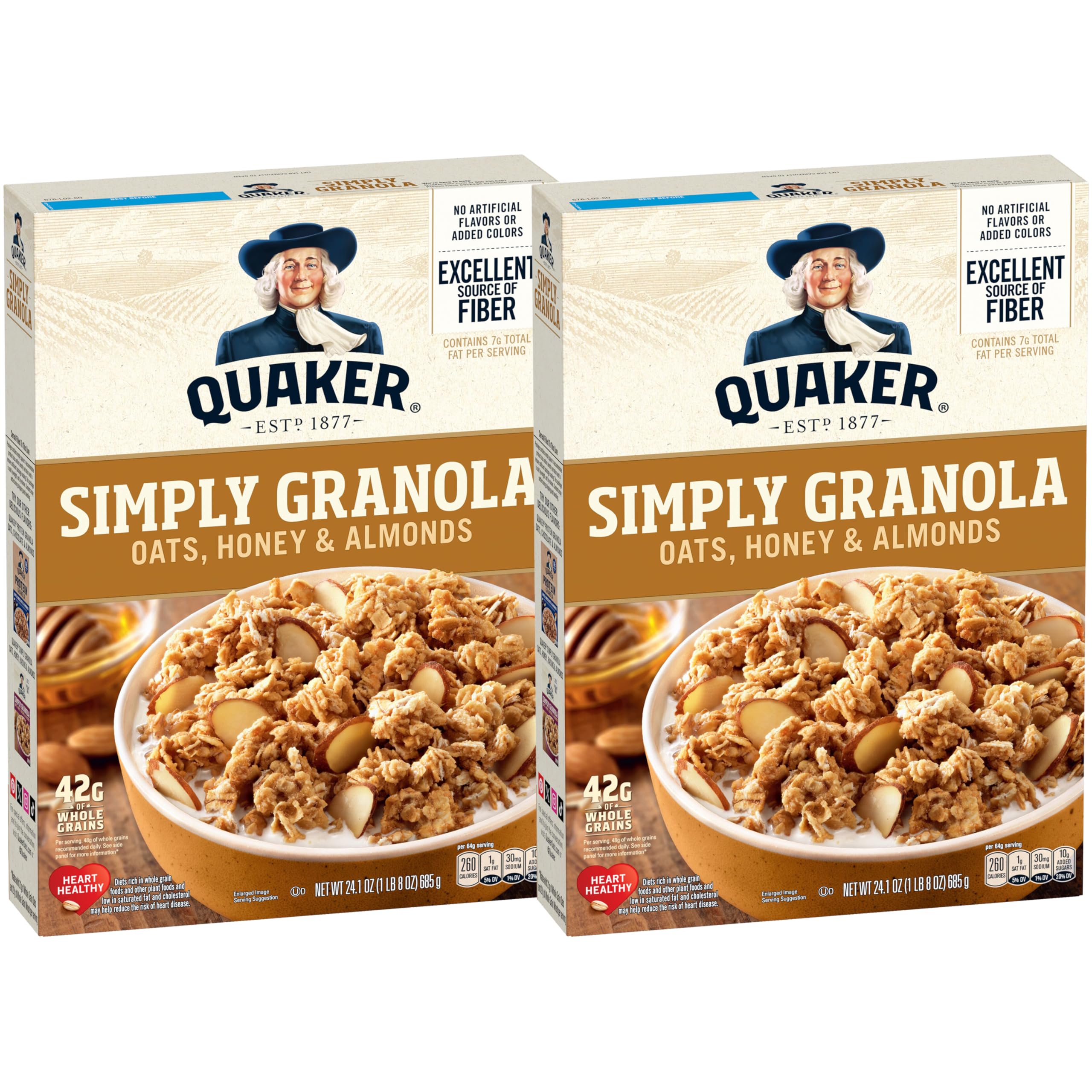 Quaker Simply Granola Honey & Almond box front view, a quick breakfast option.