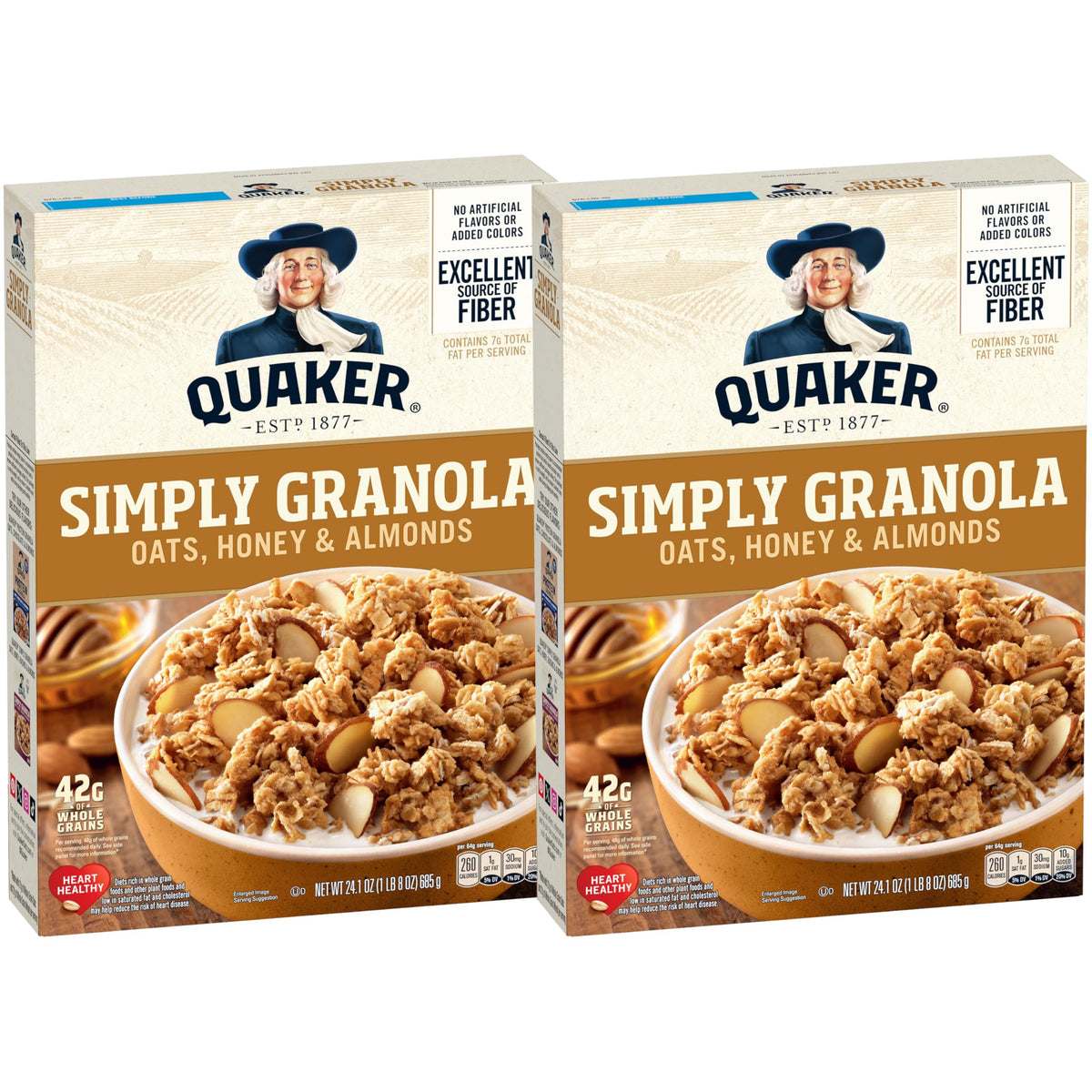 Quaker Simply Granola Honey & Almond box front view, a quick breakfast option.