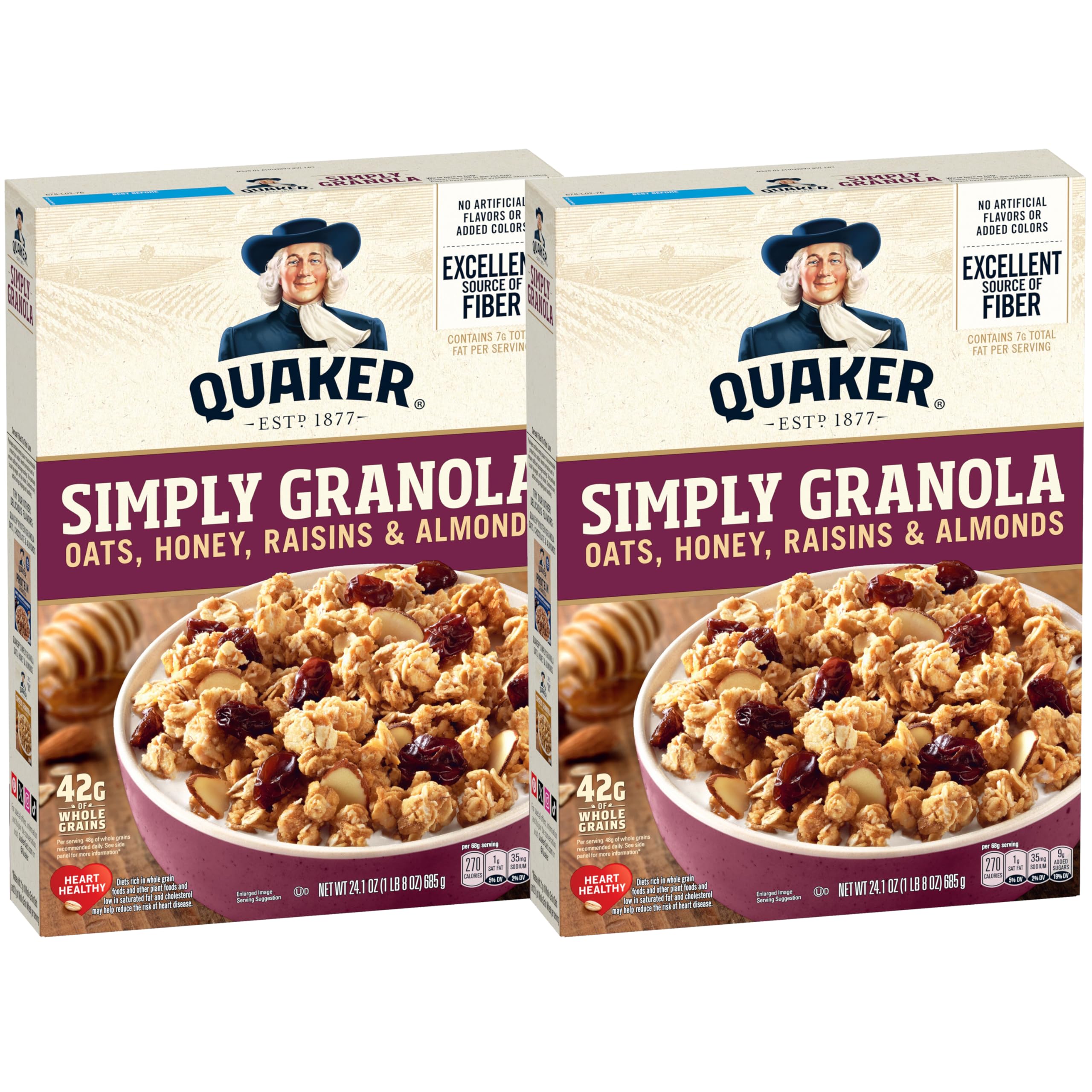 Quaker Simply Granola Honey Raisin Almonds packaging with two boxes for convenient mornings