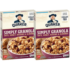 Quaker Simply Granola Honey Raisin Almonds packaging with two boxes for convenient mornings