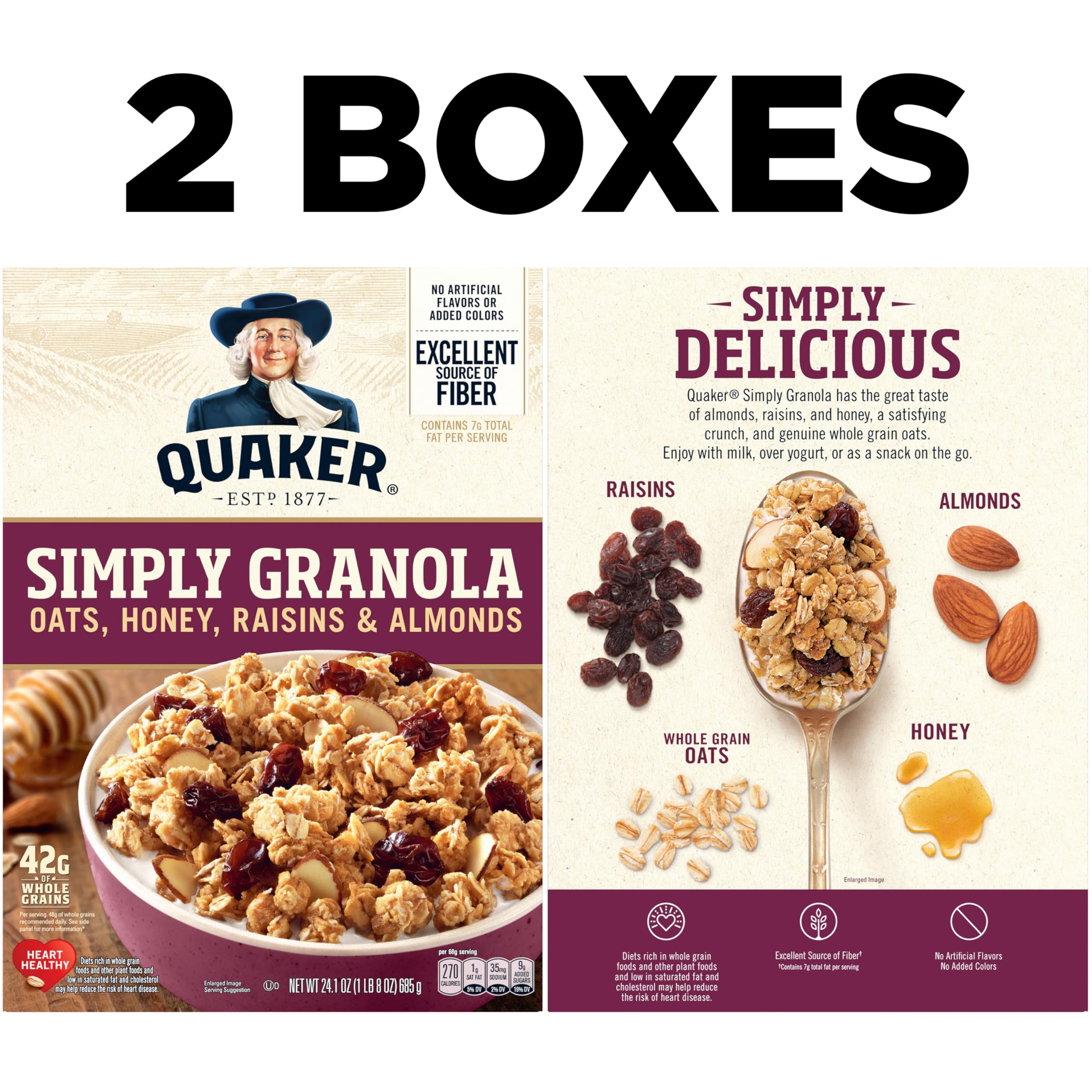 Quaker Simply Granola ingredients featuring honey raisins and almonds for a balanced snack