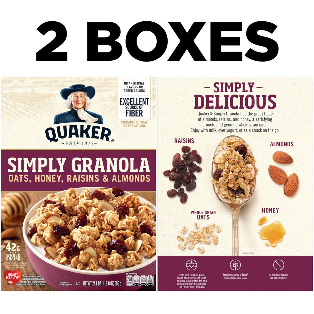 Quaker Simply Granola ingredients featuring honey raisins and almonds for a balanced snack