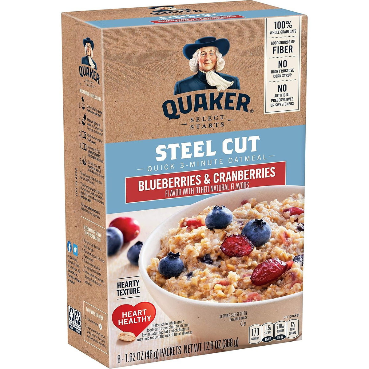 Quaker steel-cut oats with blueberries and cranberries in an 8-pack, ideal for a quick breakfast.
