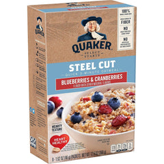Quaker steel-cut oats with blueberries and cranberries in an 8-pack, ideal for a quick breakfast.
