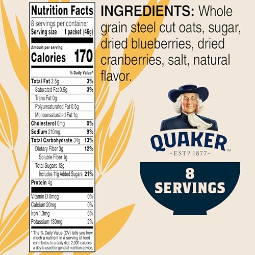 Quaker steel-cut oats packet close-up showing blueberries and cranberries for flavor and texture.