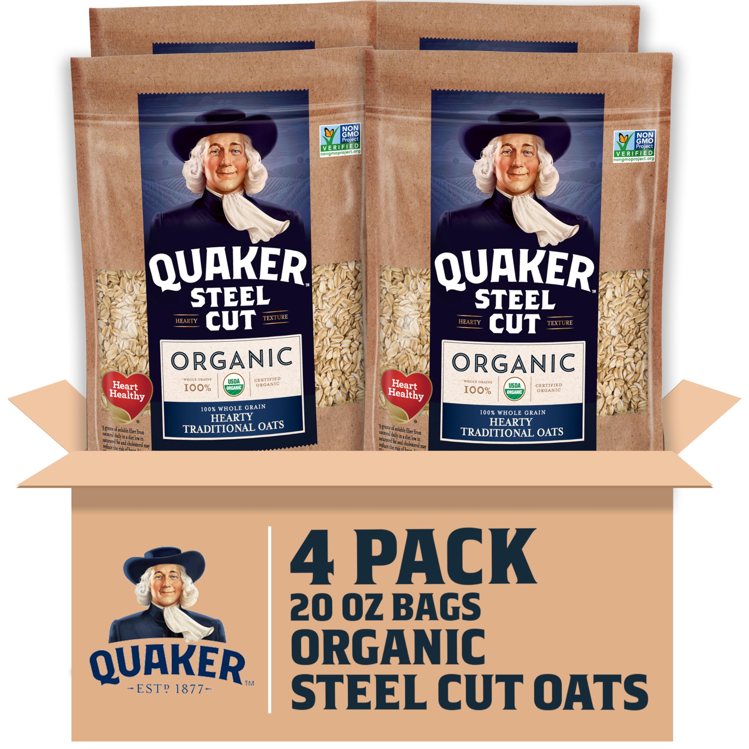 Quaker steel cut oats four-pack bags for easy pantry storage and freshness.