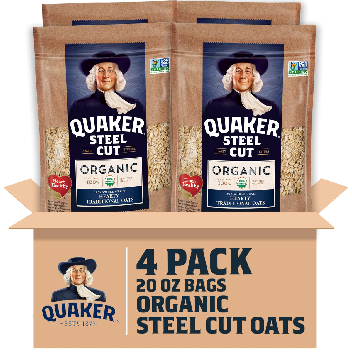Quaker steel cut oats four-pack bags for easy pantry storage and freshness.