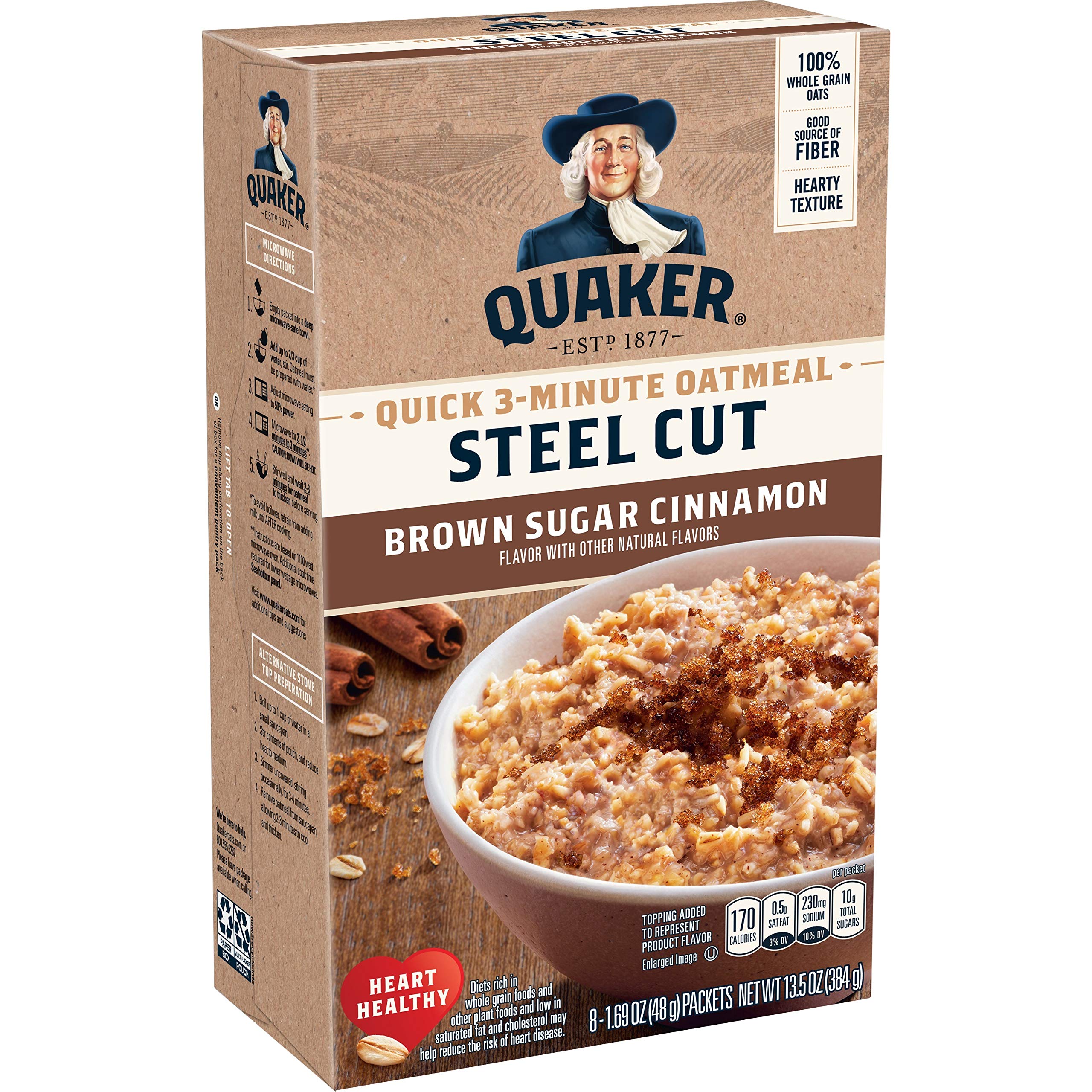 Quaker Steel Cut Quick Oatmeal box with brown sugar cinnamon flavor.