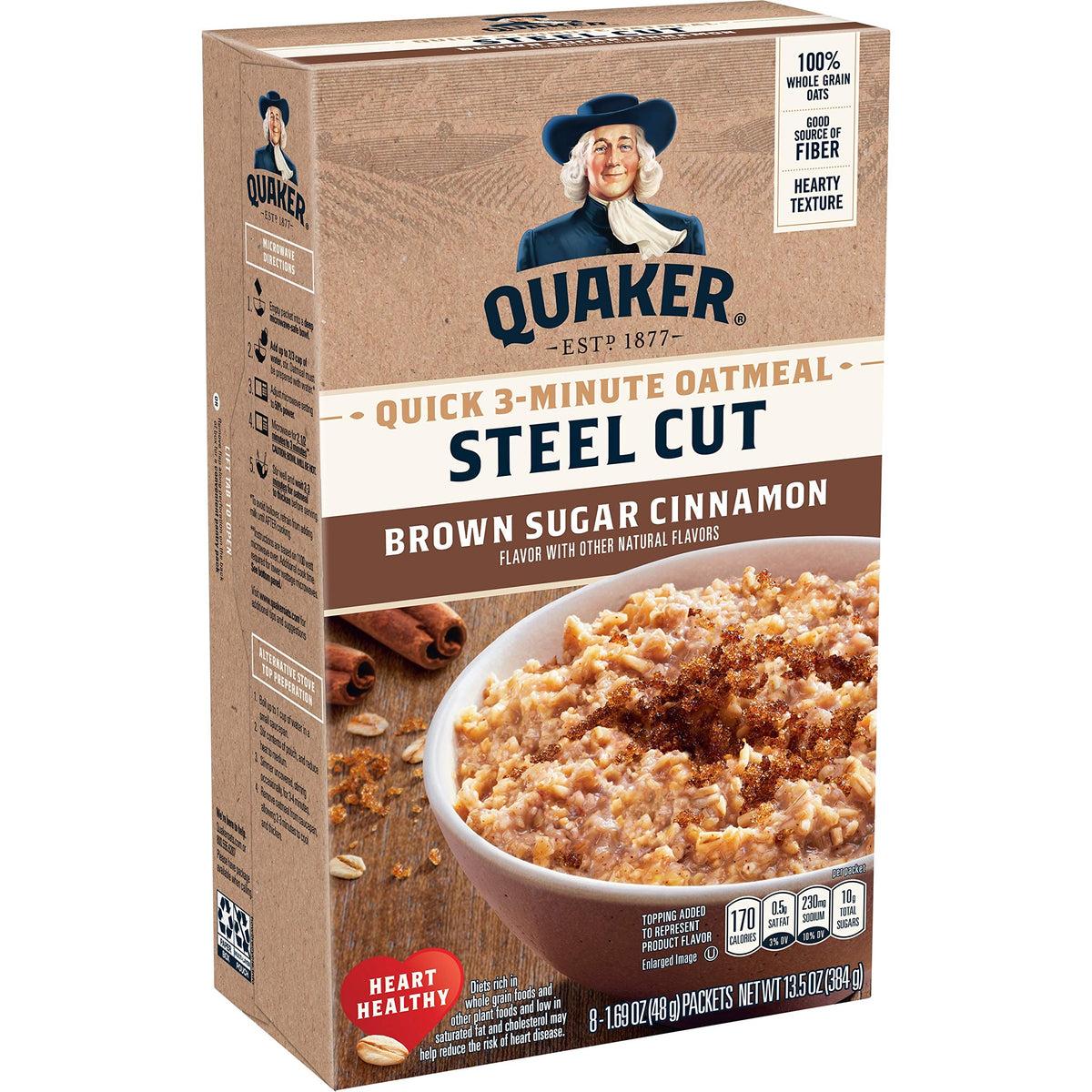 Quaker Steel Cut Quick Oatmeal box with brown sugar cinnamon flavor.