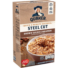 Quaker Steel Cut Quick Oatmeal box with brown sugar cinnamon flavor.