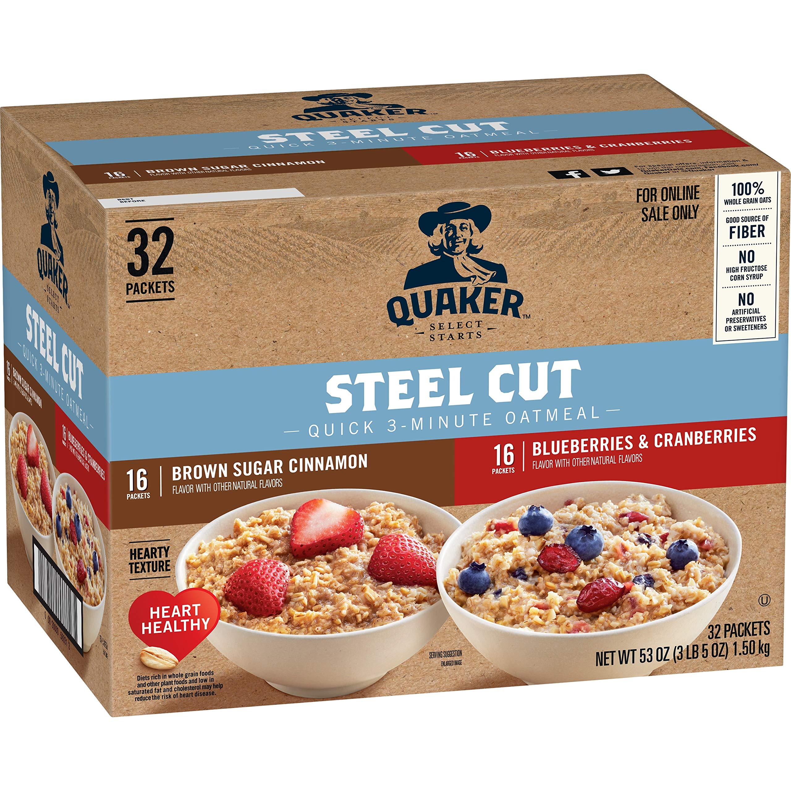 Quaker steel cut quick oatmeal packaging showing two flavors for quick, satisfying breakfasts.