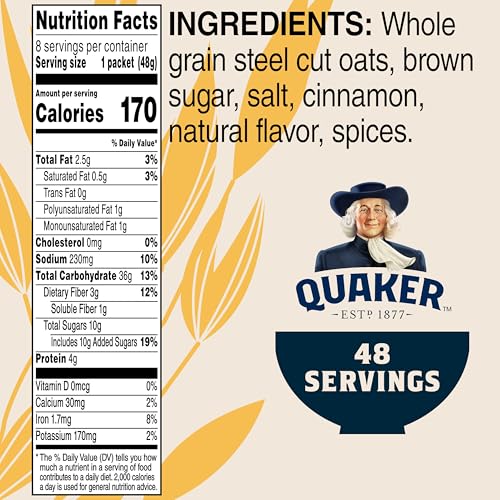 Six-pack Quaker Steel Cut Quick Oatmeal provides 48 servings for easy mornings.