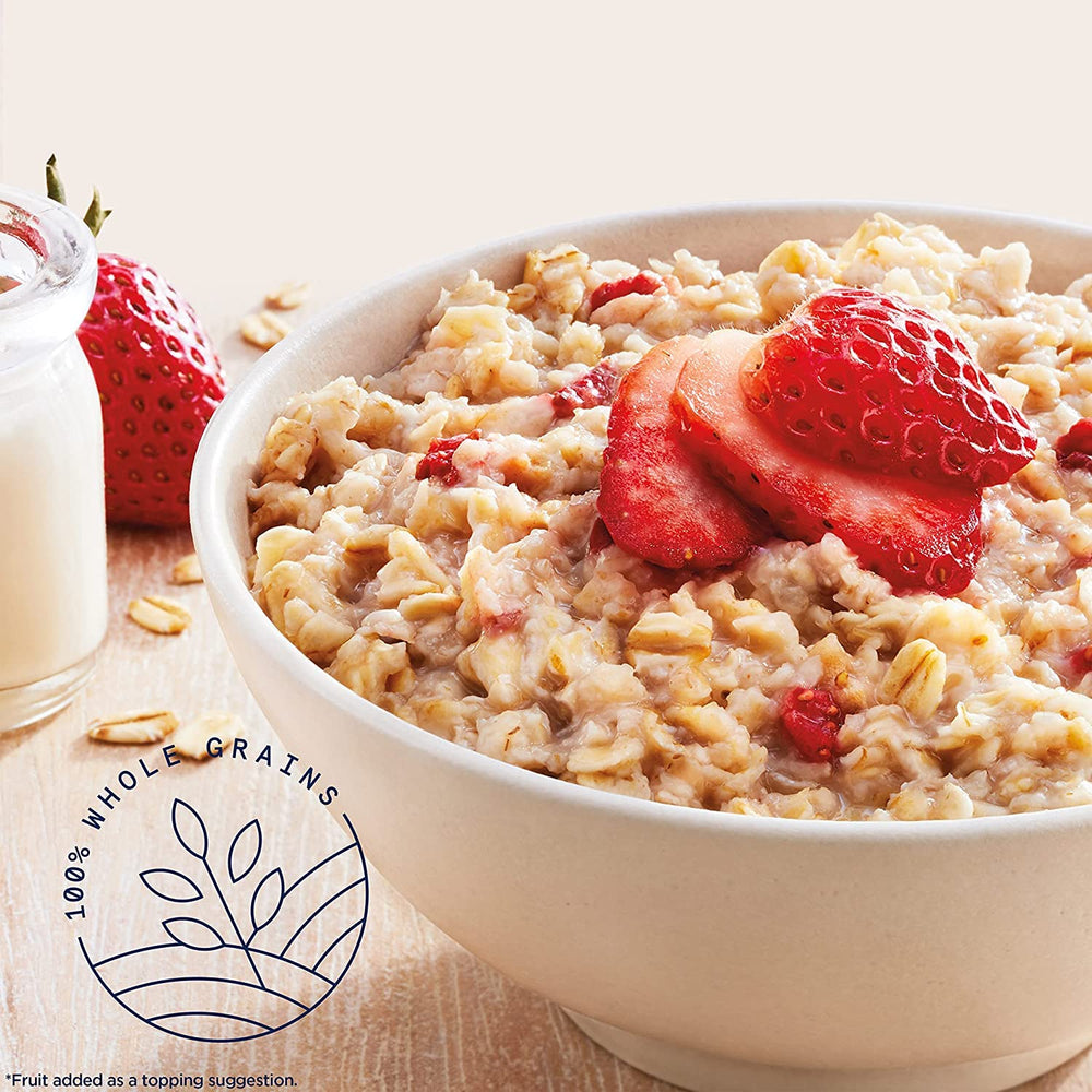 A prepared bowl of Quaker Strawberries and Cream oatmeal ready to start the day.