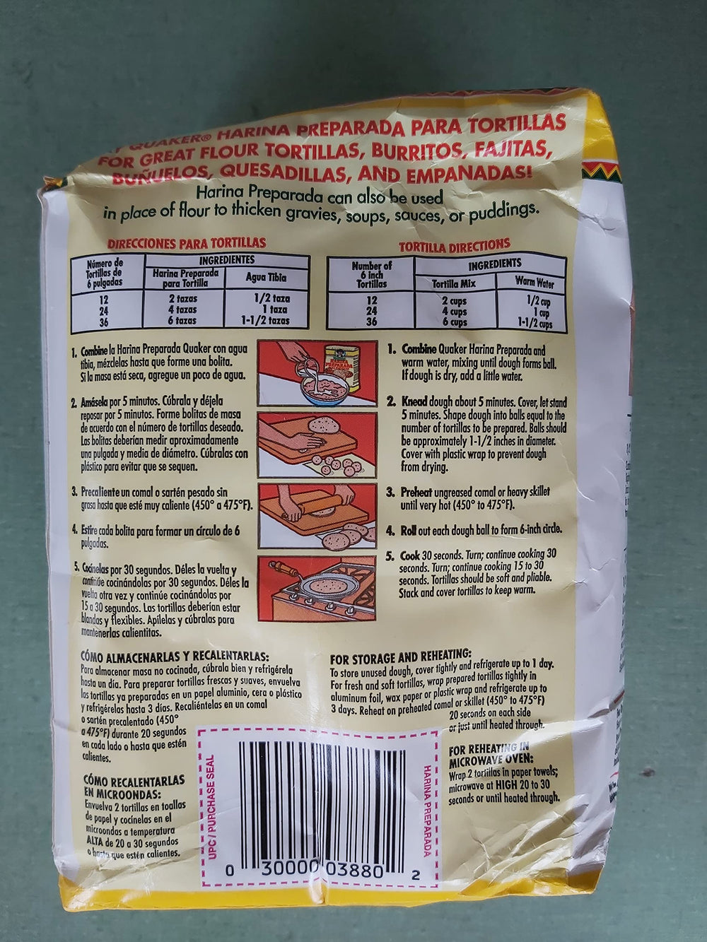 Quaker tortilla flour 4lb bag ingredients panel, versatile tortilla base.