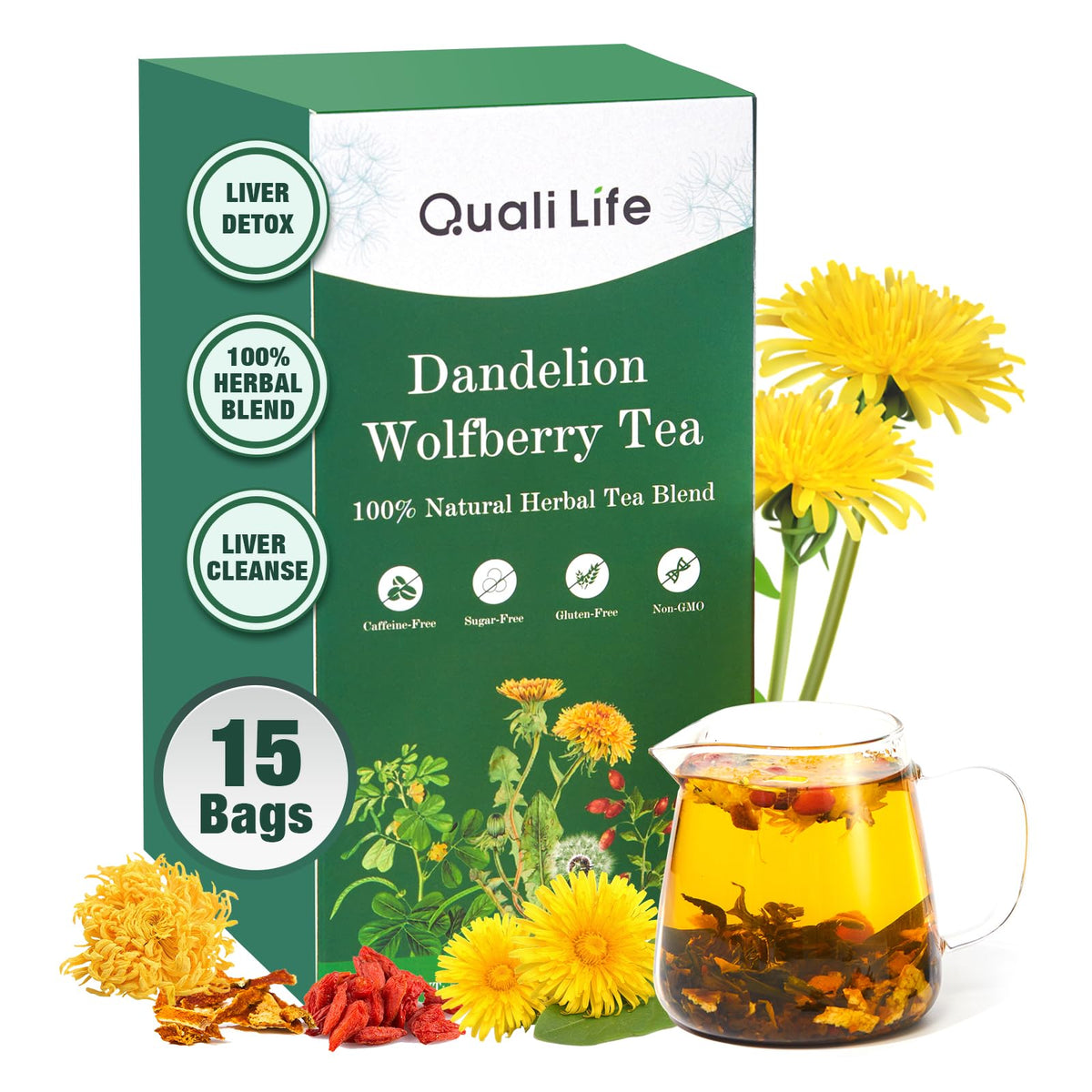 QualiLife Dandelion Wolfberry Tea bags shown for a gentle daily detox ritual