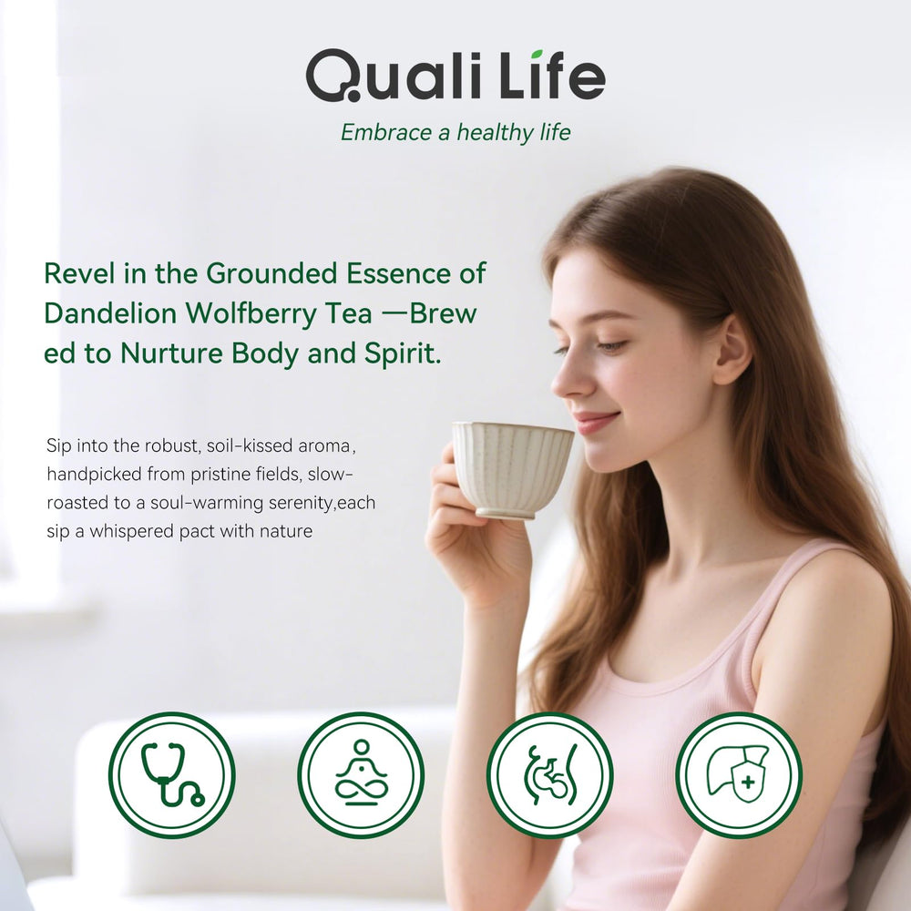 QualiLife Dandelion Wolfberry Tea on shelf display highlighting premium blend