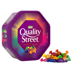 Quality Street Chocolate Tub 550g wraps close-up, vivid wrappers enhance gifting appeal
